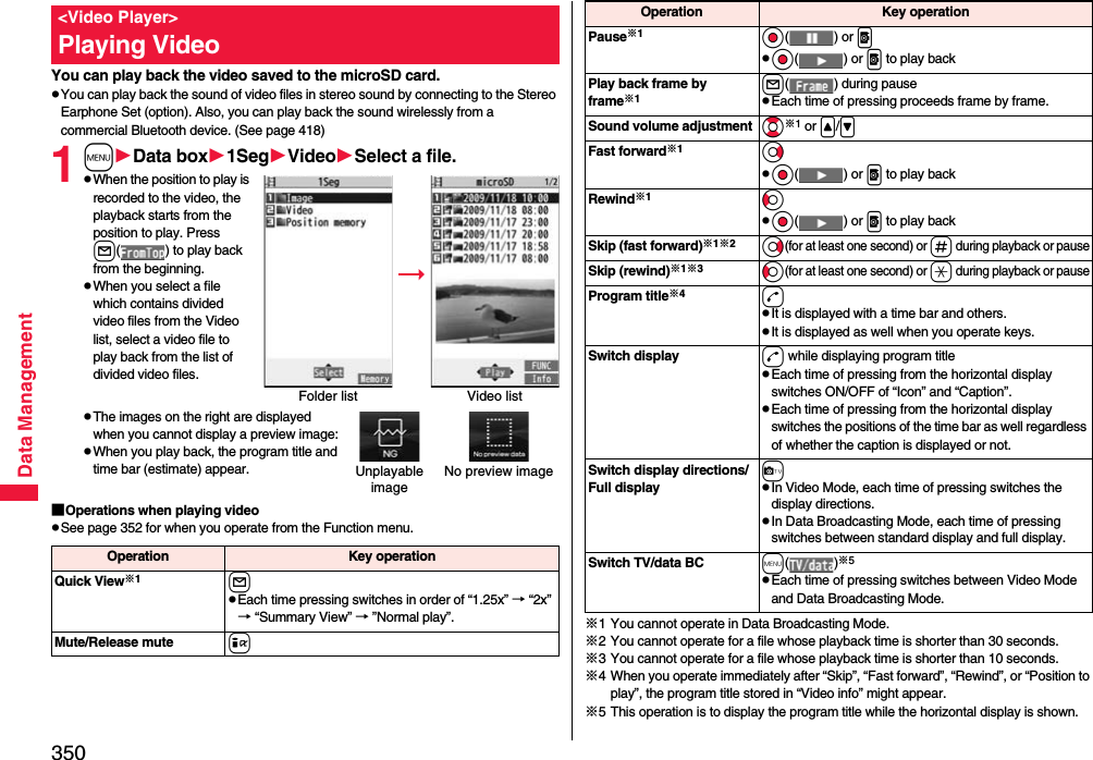 350Data ManagementYou can play back the video saved to the microSD card.pYou can play back the sound of video files in stereo sound by connecting to the Stereo Earphone Set (option). Also, you can play back the sound wirelessly from a commercial Bluetooth device. (See page 418)1mData box1SegVideoSelect a file.pWhen the position to play is recorded to the video, the playback starts from the position to play. Press l( ) to play back from the beginning.pWhen you select a file which contains divided video files from the Video list, select a video file to play back from the list of divided video files.pThe images on the right are displayed when you cannot display a preview image:pWhen you play back, the program title and time bar (estimate) appear.■Operations when playing videopSee page 352 for when you operate from the Function menu.&lt;Video Player&gt;Playing VideoFolder list Video listUnplayable imageNo preview imageOperation Key operationQuick View※1lpEach time pressing switches in order of “1.25x” → “2x” → “Summary View” → ”Normal play”.Mute/Release mute i※1 You cannot operate in Data Broadcasting Mode.※2 You cannot operate for a file whose playback time is shorter than 30 seconds.※3 You cannot operate for a file whose playback time is shorter than 10 seconds.※4 When you operate immediately after “Skip”, “Fast forward”, “Rewind”, or “Position to play”, the program title stored in “Video info” might appear.※5 This operation is to display the program title while the horizontal display is shown.Pause※1Oo() or ppOo() or p to play backPlay back frame by frame※1l( ) during pausepEach time of pressing proceeds frame by frame.Sound volume adjustment Bo※1 or &lt;/&gt;\Fast forward※1VopOo() or p to play backRewind※1CopOo() or p to play backSkip (fast forward)※1※2Vo(for at least one second) or s during playback or pauseSkip (rewind)※1※3Co(for at least one second) or a during playback or pauseProgram title※4dpIt is displayed with a time bar and others.pIt is displayed as well when you operate keys.Switch display d while displaying program titlepEach time of pressing from the horizontal display switches ON/OFF of “Icon” and “Caption”.pEach time of pressing from the horizontal display switches the positions of the time bar as well regardless of whether the caption is displayed or not.Switch display directions/Full displaycpIn Video Mode, each time of pressing switches the display directions.pIn Data Broadcasting Mode, each time of pressing switches between standard display and full display.Switch TV/data BC m()※5pEach time of pressing switches between Video Mode and Data Broadcasting Mode.Operation Key operation