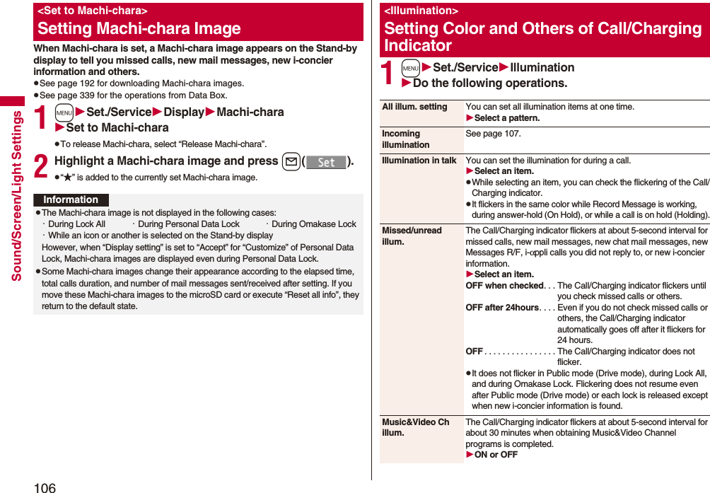 106Sound/Screen/Light SettingsWhen Machi-chara is set, a Machi-chara image appears on the Stand-by display to tell you missed calls, new mail messages, new i-concier information and others.pSee page 192 for downloading Machi-chara images.pSee page 339 for the operations from Data Box.1mSet./ServiceDisplayMachi-charaSet to Machi-charapTo release Machi-chara, select “Release Machi-chara”.2Highlight a Machi-chara image and press l().p“★” is added to the currently set Machi-chara image.&lt;Set to Machi-chara&gt;Setting Machi-chara ImageInformationpThe Machi-chara image is not displayed in the following cases:・During Lock All ・During Personal Data Lock ・During Omakase Lock・While an icon or another is selected on the Stand-by displayHowever, when “Display setting” is set to “Accept” for “Customize” of Personal Data Lock, Machi-chara images are displayed even during Personal Data Lock.pSome Machi-chara images change their appearance according to the elapsed time, total calls duration, and number of mail messages sent/received after setting. If you move these Machi-chara images to the microSD card or execute “Reset all info”, they return to the default state.1mSet./ServiceIlluminationDo the following operations.&lt;Illumination&gt;Setting Color and Others of Call/Charging IndicatorAll illum. setting You can set all illumination items at one time.Select a pattern.Incoming illuminationSee page 107.Illumination in talk You can set the illumination for during a call.Select an item.pWhile selecting an item, you can check the flickering of the Call/Charging indicator.pIt flickers in the same color while Record Message is working, during answer-hold (On Hold), or while a call is on hold (Holding).Missed/unread illum.The Call/Charging indicator flickers at about 5-second interval for missed calls, new mail messages, new chat mail messages, new Messages R/F, i-αppli calls you did not reply to, or new i-concier information.Select an item.OFF when checked. . . The Call/Charging indicator flickers until you check missed calls or others.OFF after 24hours. . . . Even if you do not check missed calls or others, the Call/Charging indicator automatically goes off after it flickers for 24 hours.OFF . . . . . . . . . . . . . . . . The Call/Charging indicator does not flicker.pIt does not flicker in Public mode (Drive mode), during Lock All, and during Omakase Lock. Flickering does not resume even after Public mode (Drive mode) or each lock is released except when new i-concier information is found.Music&amp;Video Ch illum.The Call/Charging indicator flickers at about 5-second interval for about 30 minutes when obtaining Music&amp;Video Channel programs is completed.ON or OFF