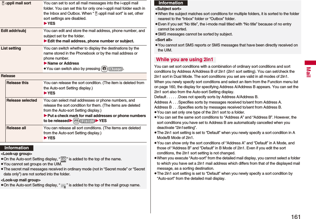 161Mailiαppli mail sort You can set to sort all mail messages into the i-αppli mail folder. You can set this for only one i-αppli mail folder each in the Inbox and Outbox. When “iαppli mail sort” is set, other sort settings are disabled.YESEdit addr/subj You can edit and store the mail address, phone number, and subject set for the folder.Edit the mail address, phone number or subject.List setting You can switch whether to display the destinations by the name stored in the Phonebook or by the mail address or phone number.Name or AddresspYou can switch also by pressing c().ReleaseRelease this You can release the sort condition. (The item is deleted from the Auto-sort Setting display.)YESRelease selected You can select mail addresses or phone numbers, and release the sort condition for them. (The items are deleted from the Auto-sort Setting display.)Put a check mark for mail addresses or phone numbers to be releasedl()YESRelease all You can release all sort conditions. (The items are deleted from the Auto-sort Setting display.)YESInformation&lt;Look-up group&gt;pOn the Auto-sort Setting display, “ ” is added to the top of the name.pYou cannot set groups on the UIM.pThe secret mail messages received in ordinary mode (not in “Secret mode” or “Secret data only”) are not sorted into the folder.&lt;Look-up mail group&gt;pOn the Auto-sort Setting display, “ ” is added to the top of the mail group name.You can set sort conditions with a combination of ordinary sort conditions and sort conditions by Address A/Address B of 2in1 (2in1 sort setting). You can set/check the 2in1 sort in Dual Mode. The sort conditions you set are valid in all modes of 2in1. When you newly specify sort conditions and select an item from the Function menu list on page 160, the display for specifying Address A/Address B appears. You can set the 2in1 sort also from the Auto-sort Setting display.Default . . . . . .Does not specify sorts by Address A/Address B.Address A . . . Specifies sorts by messages received to/sent from Address A.Address B . . . Specifies sorts by messages received to/sent from Address B.pYou can set only one type of the 2in1 sort to a folder.pYou can set the same sort conditions to “Address A” and “Address B”. However, the sort conditions you have set to Address B are automatically cancelled when you deactivate “2in1setting”.pThe 2in1 sort setting is set to “Default” when you newly specify a sort condition in A Mode/B Mode of 2in1.pYou can show only the sort conditions of “Address A” and “Default” in A Mode, and those of “Address B” and “Default” in B Mode of 2in1. Even if you edit the sort conditions, the 2in1 sort setting is not changed.pWhen you execute “Auto-sort” from the detailed mail display, you cannot select a folder to which you have set a 2in1 mail address which differs from that of the displayed mail message, as a sorting destination.pThe 2in1 sort setting is set to “Default” when you newly specify a sort condition by “Auto-sort” from the detailed mail display.&lt;Subject sort&gt;pWhen the subject matches sort conditions for multiple folders, it is sorted to the folder nearest to the “Inbox” folder or “Outbox” folder.pEven if you set “No title”, the i-mode mail titled with “No title” because of no entry cannot be sorted.pSMS messages cannot be sorted by subject.&lt;Sort all&gt;pYou cannot sort SMS reports or SMS messages that have been directly received on the UIM.While you are using 2in1Information