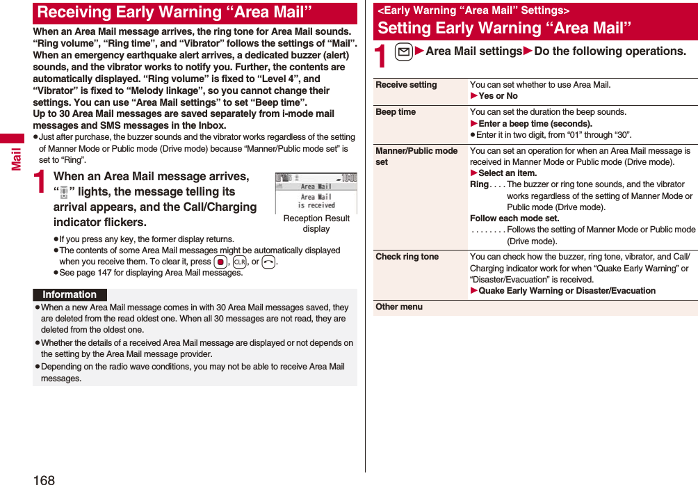 168MailWhen an Area Mail message arrives, the ring tone for Area Mail sounds. “Ring volume”, “Ring time”, and “Vibrator” follows the settings of “Mail”.When an emergency earthquake alert arrives, a dedicated buzzer (alert) sounds, and the vibrator works to notify you. Further, the contents are automatically displayed. “Ring volume” is fixed to “Level 4”, and “Vibrator” is fixed to “Melody linkage”, so you cannot change their settings. You can use “Area Mail settings” to set “Beep time”.Up to 30 Area Mail messages are saved separately from i-mode mail messages and SMS messages in the Inbox.pJust after purchase, the buzzer sounds and the vibrator works regardless of the setting of Manner Mode or Public mode (Drive mode) because “Manner/Public mode set” is set to “Ring”.1When an Area Mail message arrives, “ ” lights, the message telling its arrival appears, and the Call/Charging indicator flickers.pIf you press any key, the former display returns. pThe contents of some Area Mail messages might be automatically displayed when you receive them. To clear it, press Oo, r, or h.pSee page 147 for displaying Area Mail messages.Receiving Early Warning “Area Mail”Reception Result displayInformationpWhen a new Area Mail message comes in with 30 Area Mail messages saved, they are deleted from the read oldest one. When all 30 messages are not read, they are deleted from the oldest one.pWhether the details of a received Area Mail message are displayed or not depends on the setting by the Area Mail message provider.pDepending on the radio wave conditions, you may not be able to receive Area Mail messages.1lArea Mail settingsDo the following operations.&lt;Early Warning “Area Mail” Settings&gt;Setting Early Warning “Area Mail”Receive setting You can set whether to use Area Mail.Yes or NoBeep time You can set the duration the beep sounds.Enter a beep time (seconds).pEnter it in two digit, from “01” through “30”.Manner/Public mode setYou can set an operation for when an Area Mail message is received in Manner Mode or Public mode (Drive mode).Select an item.Ring. . . . The buzzer or ring tone sounds, and the vibrator works regardless of the setting of Manner Mode or Public mode (Drive mode).Follow each mode set.. . . . . . . . Follows the setting of Manner Mode or Public mode (Drive mode).Check ring tone You can check how the buzzer, ring tone, vibrator, and Call/Charging indicator work for when “Quake Early Warning” or “Disaster/Evacuation” is received.Quake Early Warning or Disaster/EvacuationOther menu