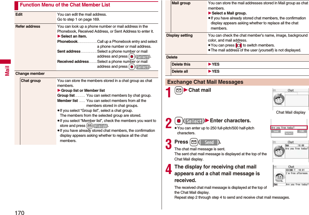 170MailFunction Menu of the Chat Member ListEdit You can edit the mail address.Go to step 1 on page 169.Refer address You can look up a phone number or mail address in the Phonebook, Received Address, or Sent Address to enter it.Select an item.Phonebook. . . . . . . . . . Call up a Phonebook entry and select a phone number or mail address.Sent address . . . . . . . . Select a phone number or mail address and press Oo().Received address . . . . Select a phone number or mail address and press Oo().Change memberChat group You can store the members stored in a chat group as chat members.Group list or Member listGroup list . . . . .  You can select members by chat group.Member list  . . .  You can select members from all the members stored in chat groups.pIf you select “Group list”, select a chat group.The members from the selected group are stored.pIf you select “Member list”, check the members you want to store and press l().pIf you have already stored chat members, the confirmation display appears asking whether to replace all the chat members.1lChat mail2Oo()Enter characters.pYou can enter up to 250 full-pitch/500 half-pitch characters.3Press l().The chat mail message is sent. The sent chat mail message is displayed at the top of the Chat Mail display. 4The display for receiving chat mail appears and a chat mail message is received.The received chat mail message is displayed at the top of the Chat Mail display. Repeat step 2 through step 4 to send and receive chat mail messages.Mail group You can store the mail addresses stored in Mail group as chat members.Select a Mail group.pIf you have already stored chat members, the confirmation display appears asking whether to replace all the chat members.Display setting You can check the chat member’s name, image, background color, and mail address.pYou can press No to switch members.pThe mail address of the user (yourself) is not displayed.DeleteDelete this YESDelete all YESExchange Chat Mail MessagesChat Mail display