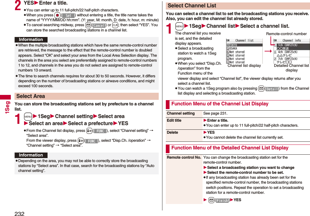 2321Seg2YESEnter a title.pYou can enter up to 11 full-pitch/22 half-pitch characters.pWhen you press Oo( ) without entering a title, the title name takes the name of “YYYY/MM/DD hh:mm”. (Y: year, M: month, D: date, h: hour, m: minute)pTo cancel searching midway, press l() or r; then select “YES”. You can store the searched broadcasting stations in a channel list.You can store the broadcasting stations set by prefecture to a channel list.1m1SegChannel settingSelect areaSelect an areaSelect a prefectureYESpFrom the Channel list display, press i( ), select “Channel setting” → “Select area”.From the viewer display, press i( ), select “Disp.Ch. /operation” → “Channel setting” → “Select area”.InformationpWhen the multiple broadcasting stations which have the same remote-control number are retrieved, the message to the effect that the remote-control number is doubled appears. Select “OK” and select your area from the Local Area Selection display. The channels in the area you select are preferentially assigned to remote-control numbers 1 to 12, and channels in the area you do not select are assigned to remote-control numbers 13 onward.pThe time to search channels requires for about 30 to 50 seconds. However, it differs depending on the number of broadcasting stations or airwave conditions, and might exceed 100 seconds.Select AreaInformationpDepending on the area, you may not be able to correctly store the broadcasting stations by “Select area”. In that case, search for the broadcasting stations by “Auto channel setting”.You can select a channel list to set the broadcasting stations you receive. Also, you can edit the channel list already stored.1m1SegChannel listSelect a channel list.The channel list you receive is set, and the detailed display appears.pSelect a broadcasting station to watch a 1Seg program.pWhen you select “Disp.Ch. /operation” from the Function menu of the viewer display and select “Channel list”, the viewer display returns after you select a channel list.pYou can watch a 1Seg program also by pressing l( ) from the Channel list display and selecting a broadcasting station.Select Channel ListChannel list display Detailed Channel list displayRemote-control numberFunction Menu of the Channel List DisplayChannel setting See page 231.Edit title Enter a title.pYou can enter up to 11 full-pitch/22 half-pitch characters.Delete YESpYou cannot delete the channel list currently set.Function Menu of the Detailed Channel List DisplayRemote control No. You can change the broadcasting station set for the remote-control number.Select a broadcasting station you want to changeSelect the remote-control number to be set.pIf any broadcasting station has already been set for the specified remote-control number, the broadcasting stations switch positions. Repeat the operation to set a broadcasting station for a remote-control number. l()YES