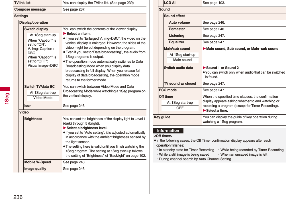 2361SegTVlink list You can display the TVlink list. (See page 239)Compose message See page 237.SettingsDisplay/operationSwitch display You can switch the contents of the viewer display.Select an item.pIf you set to “Enlarged V. img+DBC”, the video on the vertical display is enlarged. However, the sides of the video might be cut depending on the program.pEven if you set to “Data broadcasting”, the audio from 1Seg programs is output.pThe operation mode automatically switches to Data Broadcasting Mode when you display data broadcasting in full display. When you release full display of data broadcasting, the operation mode returns to the former mode.Switch TV/data BC You can switch between Video Mode and Data Broadcasting Mode while watching a 1Seg program on the vertical display.Icon See page 246.VideoBrightness You can set the brightness of the display light to Level 1 (dark) through 5 (bright).Select a brightness level.pIf you set to “Auto setting”, it is adjusted automatically in accordance with the ambient brightness sensed by the light sensor.pThe setting here is valid until you finish watching the 1Seg program. The setting at 1Seg start-up follows the setting of “Brightness” of “Backlight” on page 102.Mobile W-Speed See page 246.Image quality See page 246.At 1Seg start-upWhen “Caption” is set to “ON”: V. img+Caption+DBCWhen “Caption” is set to “OFF”: Visual image+DBCAt 1Seg start-upVideo ModeLCD AI See page 103.SoundSound effectAuto volume See page 246.Remaster See page 246.Listening See page 247.Equalizer See page 247.Main/sub sound Main sound, Sub sound, or Main+sub soundSwitch audio data Sound 1 or Sound 2pYou can switch only when audio that can be switched is found.TV sound w/ closed See page 247.ECO mode See page 247.Off timer When the specified time elapses, the confirmation display appears asking whether to end watching or recording a program (except for Timer Recording).Select a time.Key guide You can display the guide of key operation during watching a 1Seg program.At 1Seg start-upMain soundAt 1Seg start-upOFFInformation&lt;Off timer&gt;pIn the following cases, the Off Timer confirmation display appears after each operation finishes:・In standby state for Timer Recording ・While being recorded by Timer Recording・While a still image is being saved ・When an unsaved image is left・During channel search by Auto Channel Setting