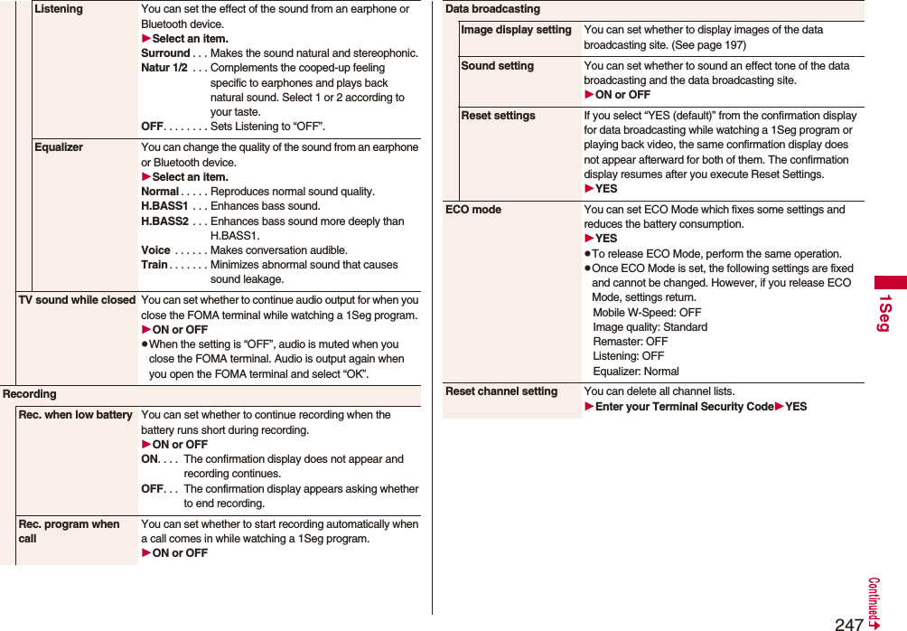 2471SegListening You can set the effect of the sound from an earphone or Bluetooth device.Select an item.Surround . . . Makes the sound natural and stereophonic.Natur 1/2  . . . Complements the cooped-up feeling specific to earphones and plays back natural sound. Select 1 or 2 according to your taste.OFF. . . . . . . . Sets Listening to “OFF”.Equalizer You can change the quality of the sound from an earphone or Bluetooth device.Select an item.Normal . . . . . Reproduces normal sound quality.H.BASS1 . . . Enhances bass sound.H.BASS2 . . . Enhances bass sound more deeply than H.BASS1.Voice  . . . . . . Makes conversation audible.Train . . . . . . . Minimizes abnormal sound that causes sound leakage.TV sound while closed You can set whether to continue audio output for when you close the FOMA terminal while watching a 1Seg program.ON or OFFpWhen the setting is “OFF”, audio is muted when you close the FOMA terminal. Audio is output again when you open the FOMA terminal and select “OK”.RecordingRec. when low battery You can set whether to continue recording when the battery runs short during recording.ON or OFFON. . . .  The confirmation display does not appear and recording continues.OFF. . .  The confirmation display appears asking whether to end recording.Rec. program when callYou can set whether to start recording automatically when a call comes in while watching a 1Seg program.ON or OFFData broadcastingImage display setting You can set whether to display images of the data broadcasting site. (See page 197)Sound setting You can set whether to sound an effect tone of the data broadcasting and the data broadcasting site.ON or OFFReset settings If you select “YES (default)” from the confirmation display for data broadcasting while watching a 1Seg program or playing back video, the same confirmation display does not appear afterward for both of them. The confirmation display resumes after you execute Reset Settings.YESECO mode You can set ECO Mode which fixes some settings and reduces the battery consumption.YESpTo release ECO Mode, perform the same operation.pOnce ECO Mode is set, the following settings are fixed and cannot be changed. However, if you release ECO Mode, settings return.Mobile W-Speed: OFFImage quality: StandardRemaster: OFFListening: OFFEqualizer: NormalReset channel setting You can delete all channel lists.Enter your Terminal Security CodeYES