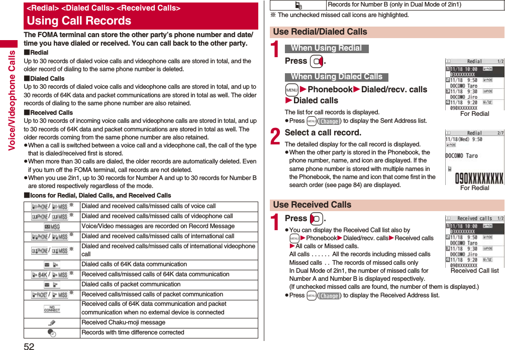 52Voice/Videophone CallsThe FOMA terminal can store the other party’s phone number and date/time you have dialed or received. You can call back to the other party.■RedialUp to 30 records of dialed voice calls and videophone calls are stored in total, and the older record of dialing to the same phone number is deleted.■Dialed CallsUp to 30 records of dialed voice calls and videophone calls are stored in total, and up to 30 records of 64K data and packet communications are stored in total as well. The older records of dialing to the same phone number are also retained.■Received CallsUp to 30 records of incoming voice calls and videophone calls are stored in total, and up to 30 records of 64K data and packet communications are stored in total as well. The older records coming from the same phone number are also retained.pWhen a call is switched between a voice call and a videophone call, the call of the type that is dialed/received first is stored.pWhen more than 30 calls are dialed, the older records are automatically deleted. Even if you turn off the FOMA terminal, call records are not deleted.pWhen you use 2in1, up to 30 records for Number A and up to 30 records for Number B are stored respectively regardless of the mode.■Icons for Redial, Dialed Calls, and Received Calls&lt;Redial&gt; &lt;Dialed Calls&gt; &lt;Received Calls&gt;Using Call Records/※Dialed and received calls/missed calls of voice call/※Dialed and received calls/missed calls of videophone callVoice/Video messages are recorded on Record Message/※Dialed and received calls/missed calls of international call/※Dialed and received calls/missed calls of international videophone callDialed calls of 64K data communication/※Received calls/missed calls of 64K data communicationDialed calls of packet communication/※Received calls/missed calls of packet communicationReceived calls of 64K data communication and packet communication when no external device is connectedReceived Chaku-moji messageRecords with time difference corrected※ The unchecked missed call icons are highlighted.1Press Vo.mPhonebookDialed/recv. callsDialed callsThe list for call records is displayed.pPress m( ) to display the Sent Address list.2Select a call record.The detailed display for the call record is displayed.pWhen the other party is stored in the Phonebook, the phone number, name, and icon are displayed. If the same phone number is stored with multiple names in the Phonebook, the name and icon that come first in the search order (see page 84) are displayed.1Press Co.pYou can display the Received Call list also by mPhonebookDialed/recv. callsReceived callsAll calls or Missed calls.All calls . . . . . .  All the records including missed callsMissed calls  . .  The records of missed calls onlyIn Dual Mode of 2in1, the number of missed calls for Number A and Number B is displayed respectively.(If unchecked missed calls are found, the number of them is displayed.)pPress m( ) to display the Received Address list.Records for Number B (only in Dual Mode of 2in1)Use Redial/Dialed CallsWhen Using RedialWhen Using Dialed CallsFor RedialFor RedialUse Received CallsReceived Call list