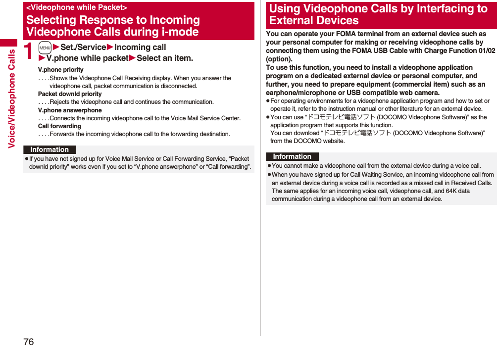 76Voice/Videophone Calls1mSet./ServiceIncoming callV.phone while packetSelect an item.V.phone priority. . . .Shows the Videophone Call Receiving display. When you answer the videophone call, packet communication is disconnected.Packet downld priority. . . .Rejects the videophone call and continues the communication.V.phone answerphone. . . .Connects the incoming videophone call to the Voice Mail Service Center.Call forwarding. . . .Forwards the incoming videophone call to the forwarding destination.&lt;Videophone while Packet&gt;Selecting Response to Incoming Videophone Calls during i-modeInformationpIf you have not signed up for Voice Mail Service or Call Forwarding Service, “Packet downld priority” works even if you set to “V.phone answerphone” or “Call forwarding”.You can operate your FOMA terminal from an external device such as your personal computer for making or receiving videophone calls by connecting them using the FOMA USB Cable with Charge Function 01/02 (option).To use this function, you need to install a videophone application program on a dedicated external device or personal computer, and further, you need to prepare equipment (commercial item) such as an earphone/microphone or USB compatible web camera.pFor operating environments for a videophone application program and how to set or operate it, refer to the instruction manual or other literature for an external device.pYou can use “ドコモテレビ電話ソフト (DOCOMO Videophone Software)” as the application program that supports this function. You can download “ドコモテレビ電話ソフト (DOCOMO Videophone Software)” from the DOCOMO website.Using Videophone Calls by Interfacing to External DevicesInformationpYou cannot make a videophone call from the external device during a voice call.pWhen you have signed up for Call Waiting Service, an incoming videophone call from an external device during a voice call is recorded as a missed call in Received Calls. The same applies for an incoming voice call, videophone call, and 64K data communication during a videophone call from an external device.
