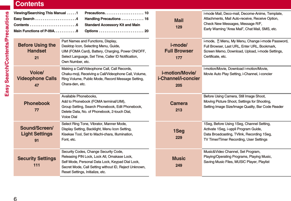 6Easy Search/Contents/PrecautionsContentsViewing/Searching This Manual  . . . . .1Easy Search . . . . . . . . . . . . . . . . . . . . . .4Contents . . . . . . . . . . . . . . . . . . . . . . . . .6Main Functions of P-09A. . . . . . . . . . . .8Precautions. . . . . . . . . . . . . . . . . . . . . 10Handling Precautions . . . . . . . . . . . . 16Standard Accessory Kit and Main Options  . . . . . . . . . . . . . . . . . . . . . . . . 20Before Using the Handset21Part Names and Functions, Display, Desktop Icon, Selecting Menu, Guide, UIM (FOMA Card), Battery, Charging, Power ON/OFF, Select Language, Set Time, Caller ID Notification, Own Number, etc.Voice/Videophone Calls47Making a Call/Videophone Call, Call Records, Chaku-moji, Receiving a Call/Videophone Call, Volume, Ring Volume, Public Mode, Record Message Setting, Chara-den, etc.Phonebook77Available Phonebooks, Add to Phonebook (FOMA terminal/UIM), Group Setting, Search Phonebook, Edit Phonebook, Delete Data, No. of Phonebook, 2-touch Dial, Voice DialSound/Screen/Light Settings91Select Ring Tone, Vibrator, Manner Mode, Display Setting, Backlight, Menu Icon Setting, Kisekae Tool, Set to Machi-chara, Illumination, Font, etc.Security Settings111Security Codes, Change Security Code, Releasing PIN Lock, Lock All, Omakase Lock, Self Mode, Personal Data Lock, Keypad Dial Lock, Secret Mode, Call Setting without ID, Reject Unknown, Reset Settings, Initialize, etc.Mail129i-mode Mail, Deco-mail, Decome-Anime, Template, Attachments, Mail Auto-receive, Receive Option, Check New Messages, Message R/F, Early Warning “Area Mail”, Chat Mail, SMS, etc.i-mode/Full Browser177i-mode, iMenu, My Menu, Change i-mode Password, Full Browser, Last URL, Enter URL, Bookmark, Screen Memo, Download, Upload, i-mode Settings, Certificate, etc.i-motion/Movie/i-Channel/i-concier205i-motion/Movie, Download i-motion/Movie,Movie Auto Play Setting, i-Channel, i-concierCamera213Before Using Camera, Still Image Shoot, Moving Picture Shoot, Settings for Shooting, Setting Image Size/Image Quality, Bar Code Reader1Seg2291Seg, Before Using 1Seg, Channel Setting, Activate 1Seg, i-αppli Program Guide, Data Broadcasting, TVlink, Recording 1Seg, TV Timer/Timer Recording, User SettingsMusic249Music&amp;Video Channel, Set Program, Playing/Operating Programs, Playing Music, Saving Music Files, MUSIC Player, Playlist