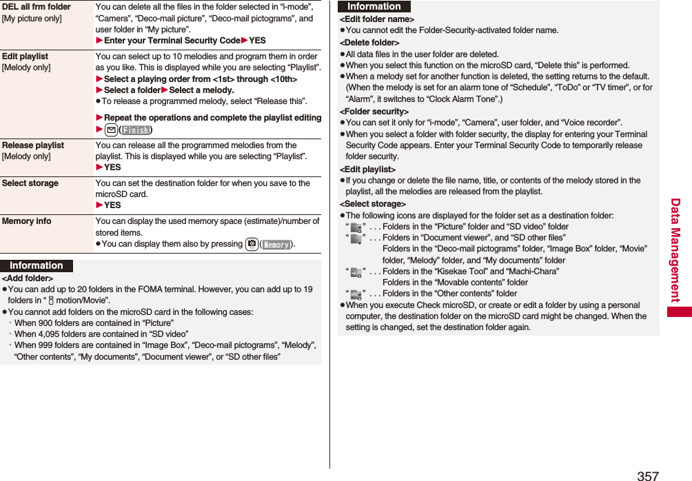 357Data ManagementDEL all frm folder[My picture only]You can delete all the files in the folder selected in “i-mode”, “Camera”, “Deco-mail picture”, “Deco-mail pictograms”, and user folder in “My picture”.Enter your Terminal Security CodeYESEdit playlist[Melody only]You can select up to 10 melodies and program them in order as you like. This is displayed while you are selecting “Playlist”.Select a playing order from &lt;1st&gt; through &lt;10th&gt;Select a folderSelect a melody.pTo release a programmed melody, select “Release this”.Repeat the operations and complete the playlist editingl()Release playlist[Melody only]You can release all the programmed melodies from the playlist. This is displayed while you are selecting “Playlist”.YESSelect storage You can set the destination folder for when you save to the microSD card.YESMemory info You can display the used memory space (estimate)/number of stored items.pYou can display them also by pressing c().Information&lt;Add folder&gt;pYou can add up to 20 folders in the FOMA terminal. However, you can add up to 19 folders in “imotion/Movie”.pYou cannot add folders on the microSD card in the following cases:・When 900 folders are contained in “Picture”・When 4,095 folders are contained in “SD video”・When 999 folders are contained in “Image Box”, “Deco-mail pictograms”, “Melody”, “Other contents”, “My documents”, “Document viewer”, or “SD other files”&lt;Edit folder name&gt;pYou cannot edit the Folder-Security-activated folder name.&lt;Delete folder&gt;pAll data files in the user folder are deleted.pWhen you select this function on the microSD card, “Delete this” is performed.pWhen a melody set for another function is deleted, the setting returns to the default. (When the melody is set for an alarm tone of “Schedule”, “ToDo” or “TV timer”, or for “Alarm”, it switches to “Clock Alarm Tone”.)&lt;Folder security&gt;pYou can set it only for “i-mode”, “Camera”, user folder, and “Voice recorder”.pWhen you select a folder with folder security, the display for entering your Terminal Security Code appears. Enter your Terminal Security Code to temporarily release folder security.&lt;Edit playlist&gt;pIf you change or delete the file name, title, or contents of the melody stored in the playlist, all the melodies are released from the playlist.&lt;Select storage&gt;pThe following icons are displayed for the folder set as a destination folder:“ ”  . . . Folders in the “Picture” folder and “SD video” folder“ ”  . . . Folders in “Document viewer”, and “SD other files”Folders in the “Deco-mail pictograms” folder, “Image Box” folder, “Movie” folder, “Melody” folder, and “My documents” folder“ ”  . . . Folders in the “Kisekae Tool” and “Machi-Chara”Folders in the “Movable contents” folder“ ”  . . . Folders in the “Other contents” folderpWhen you execute Check microSD, or create or edit a folder by using a personal computer, the destination folder on the microSD card might be changed. When the setting is changed, set the destination folder again.Information