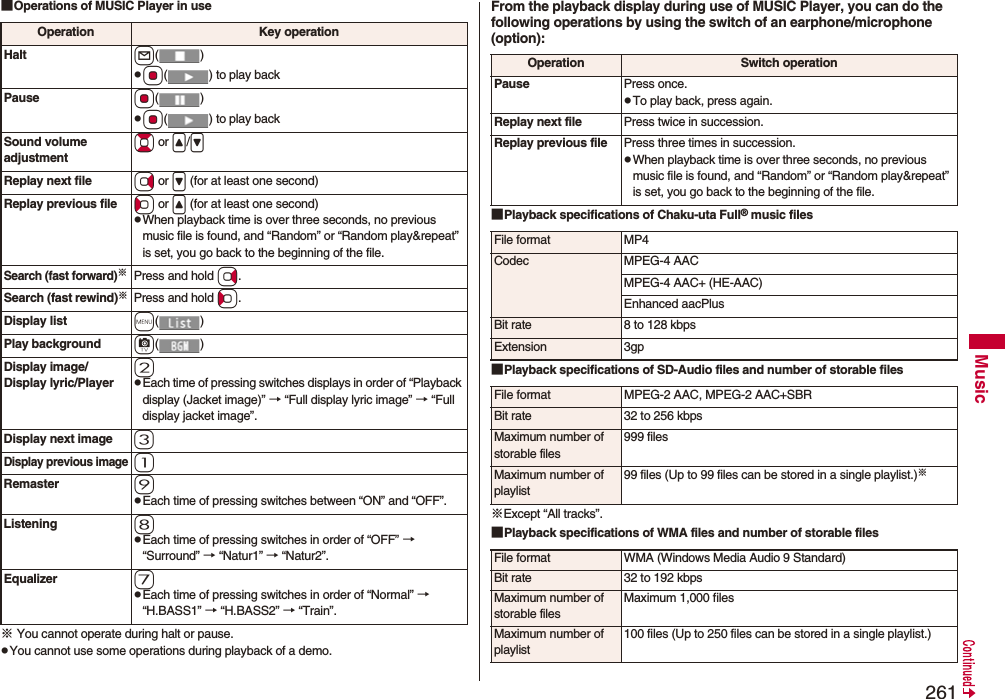 261Music■Operations of MUSIC Player in use※You cannot operate during halt or pause.pYou cannot use some operations during playback of a demo.Operation Key operationHalt l()pOo( ) to play backPause Oo() pOo( ) to play backSound volume adjustmentBo or &lt;/&gt;Replay next file Vo or &gt; (for at least one second)Replay previous file Co or &lt; (for at least one second)pWhen playback time is over three seconds, no previous music file is found, and “Random” or “Random play&amp;repeat” is set, you go back to the beginning of the file.Search (fast forward)※Press and hold Vo.Search (fast rewind)※Press and hold Co.Display list m()Play background c()Display image/Display lyric/Player2pEach time of pressing switches displays in order of “Playback display (Jacket image)” → “Full display lyric image” → “Full display jacket image”.Display next image 3Display previous image1Remaster 9pEach time of pressing switches between “ON” and “OFF”.Listening 8pEach time of pressing switches in order of “OFF” → “Surround” → “Natur1” → “Natur2”.Equalizer 7pEach time of pressing switches in order of “Normal” → “H.BASS1” → “H.BASS2” → “Train”.From the playback display during use of MUSIC Player, you can do the following operations by using the switch of an earphone/microphone (option):■Playback specifications of Chaku-uta Full® music files■Playback specifications of SD-Audio files and number of storable files※Except “All tracks”.■Playback specifications of WMA files and number of storable filesOperation Switch operationPause Press once.pTo play back, press again.Replay next file Press twice in succession.Replay previous file Press three times in succession.pWhen playback time is over three seconds, no previous music file is found, and “Random” or “Random play&amp;repeat” is set, you go back to the beginning of the file.File format MP4Codec MPEG-4 AACMPEG-4 AAC+ (HE-AAC)Enhanced aacPlusBit rate 8 to 128 kbpsExtension 3gpFile format MPEG-2 AAC, MPEG-2 AAC+SBRBit rate 32 to 256 kbpsMaximum number of storable files999 filesMaximum number of playlist99 files (Up to 99 files can be stored in a single playlist.)※File format WMA (Windows Media Audio 9 Standard)Bit rate 32 to 192 kbpsMaximum number of storable filesMaximum 1,000 filesMaximum number of playlist100 files (Up to 250 files can be stored in a single playlist.)