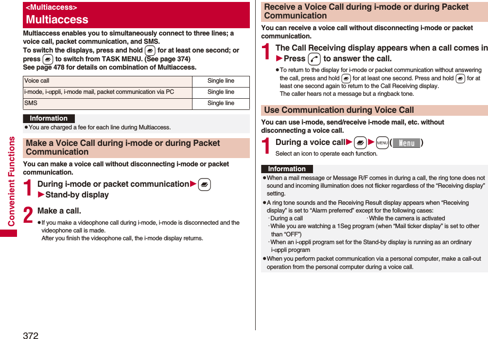 372Convenient FunctionsMultiaccess enables you to simultaneously connect to three lines; a voice call, packet communication, and SMS.To switch the displays, press and hold x for at least one second; or press x to switch from TASK MENU. (See page 374)See page 478 for details on combination of Multiaccess.You can make a voice call without disconnecting i-mode or packet communication.1During i-mode or packet communicationxStand-by display2Make a call.pIf you make a videophone call during i-mode, i-mode is disconnected and the videophone call is made. After you finish the videophone call, the i-mode display returns.&lt;Multiaccess&gt;MultiaccessVoice call Single linei-mode, i-αppli, i-mode mail, packet communication via PC Single lineSMS Single lineInformationpYou are charged a fee for each line during Multiaccess.Make a Voice Call during i-mode or during Packet CommunicationYou can receive a voice call without disconnecting i-mode or packet communication.1The Call Receiving display appears when a call comes inPress d to answer the call.pTo return to the display for i-mode or packet communication without answering the call, press and hold x for at least one second. Press and hold x for at least one second again to return to the Call Receiving display.The caller hears not a message but a ringback tone.You can use i-mode, send/receive i-mode mail, etc. without disconnecting a voice call.1During a voice callxm()Select an icon to operate each function.Receive a Voice Call during i-mode or during Packet CommunicationUse Communication during Voice CallInformationpWhen a mail message or Message R/F comes in during a call, the ring tone does not sound and incoming illumination does not flicker regardless of the “Receiving display” setting.pA ring tone sounds and the Receiving Result display appears when “Receiving display” is set to “Alarm preferred” except for the following cases:･During a call ･While the camera is activated･While you are watching a 1Seg program (when “Mail ticker display” is set to other than “OFF”)･When an i-αppli program set for the Stand-by display is running as an ordinary i-αppli programpWhen you perform packet communication via a personal computer, make a call-out operation from the personal computer during a voice call.