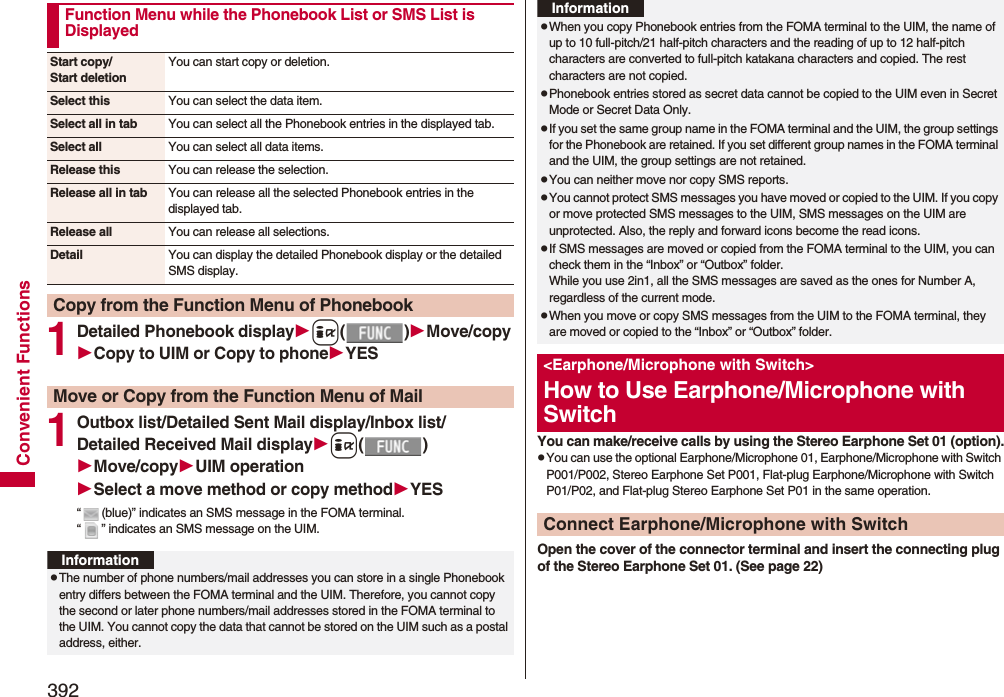 392Convenient Functions1Detailed Phonebook displayi()Move/copyCopy to UIM or Copy to phoneYES 1Outbox list/Detailed Sent Mail display/Inbox list/Detailed Received Mail displayi()Move/copyUIM operationSelect a move method or copy methodYES“ (blue)” indicates an SMS message in the FOMA terminal.“ ” indicates an SMS message on the UIM.Function Menu while the Phonebook List or SMS List is DisplayedStart copy/Start deletionYou can start copy or deletion.Select this You can select the data item.Select all in tab You can select all the Phonebook entries in the displayed tab.Select all You can select all data items.Release this You can release the selection.Release all in tab You can release all the selected Phonebook entries in the displayed tab.Release all You can release all selections.Detail You can display the detailed Phonebook display or the detailed SMS display.Copy from the Function Menu of PhonebookMove or Copy from the Function Menu of MailInformationpThe number of phone numbers/mail addresses you can store in a single Phonebook entry differs between the FOMA terminal and the UIM. Therefore, you cannot copy the second or later phone numbers/mail addresses stored in the FOMA terminal to the UIM. You cannot copy the data that cannot be stored on the UIM such as a postal address, either.You can make/receive calls by using the Stereo Earphone Set 01 (option).pYou can use the optional Earphone/Microphone 01, Earphone/Microphone with Switch P001/P002, Stereo Earphone Set P001, Flat-plug Earphone/Microphone with Switch P01/P02, and Flat-plug Stereo Earphone Set P01 in the same operation.Open the cover of the connector terminal and insert the connecting plug of the Stereo Earphone Set 01. (See page 22)pWhen you copy Phonebook entries from the FOMA terminal to the UIM, the name of up to 10 full-pitch/21 half-pitch characters and the reading of up to 12 half-pitch characters are converted to full-pitch katakana characters and copied. The rest characters are not copied.pPhonebook entries stored as secret data cannot be copied to the UIM even in Secret Mode or Secret Data Only.pIf you set the same group name in the FOMA terminal and the UIM, the group settings for the Phonebook are retained. If you set different group names in the FOMA terminal and the UIM, the group settings are not retained.pYou can neither move nor copy SMS reports.pYou cannot protect SMS messages you have moved or copied to the UIM. If you copy or move protected SMS messages to the UIM, SMS messages on the UIM are unprotected. Also, the reply and forward icons become the read icons.pIf SMS messages are moved or copied from the FOMA terminal to the UIM, you can check them in the “Inbox” or “Outbox” folder.While you use 2in1, all the SMS messages are saved as the ones for Number A, regardless of the current mode.pWhen you move or copy SMS messages from the UIM to the FOMA terminal, they are moved or copied to the “Inbox” or “Outbox” folder.&lt;Earphone/Microphone with Switch&gt;How to Use Earphone/Microphone with SwitchConnect Earphone/Microphone with SwitchInformation