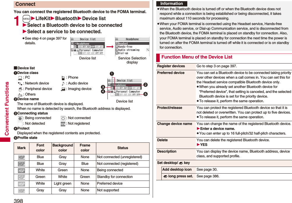 398Convenient FunctionsYou can connect the registered Bluetooth device to the FOMA terminal.1mLifeKitBluetoothDevice listSelect a Bluetooth device to be connectedSelect a service to be connected.pSee step 4 on page 397 for details.■Device listDevice class: PC : Phone: Network device : Audio device: Peripheral device : Imaging device: OthersDevice nameThe name of Bluetooth device is displayed.When no name is detected by search, the Bluetooth address is displayed.Connecting status: Being connected : Not connected: Not detected : Not registeredProtectDisplayed when the registered contents are protected.Profile stateConnectDevice list Service Selection displayDevice listMark FontcolorBackgroundcolorFramecolor StatusBlue Gray None Not connected (unregistered)Blue Gray Blue Not connected (registered)White Green None Being connectedGreen White Green Standby for connectionWhite Light green None Preferred deviceGray Gray None Not supportedInformationpWhen the Bluetooth device is turned off or when the Bluetooth device does not respond while a connection is being established or being disconnected, it takes maximum about 110 seconds for processing.pWhen your FOMA terminal is connected using the Headset service, Hands-free service, Audio service, or Dial-up Communication service, and is disconnected from the Bluetooth device, the FOMA terminal is placed on standby for connection. Also, your FOMA terminal is placed on standby for connection the next time the power is turned on after the FOMA terminal is turned off while it is connected or is on standby for connection.Function Menu of the Device ListRegister devices Go to step 3 on page 397.Preferred device You can set a Bluetooth device to be connected taking priority over other devices when a call comes in. You can set this for the Headset service compatible Bluetooth device only.pWhen you already set another Bluetooth device for “Preferred device”, that setting is canceled, and the selected Bluetooth device is set for the priority device.pTo release it, perform the same operation.Protect/release You can protect the registered Bluetooth device so that it is not deleted or overwritten. You can protect up to five devices.pTo release it, perform the same operation.Change device name You can change the name of the registered Bluetooth device.Enter a device name.pYou can enter up to 16 full-pitch/32 half-pitch characters.Delete You can delete the registered Bluetooth device.YESDescription You can display the device name, Bluetooth address, device class, and supported profile.Set desktop/ keyAdd desktop icon See page 30.long press set. See page 386.