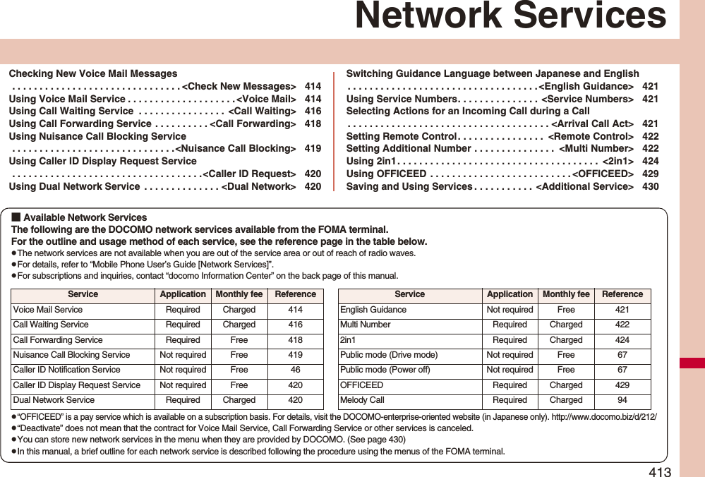 413Network ServicesChecking New Voice Mail Messages . . . . . . . . . . . . . . . . . . . . . . . . . . . . . . . &lt;Check New Messages&gt; 414Using Voice Mail Service . . . . . . . . . . . . . . . . . . . . &lt;Voice Mail&gt; 414Using Call Waiting Service  . . . . . . . . . . . . . . . .  &lt;Call Waiting&gt; 416Using Call Forwarding Service . . . . . . . . . . &lt;Call Forwarding&gt; 418Using Nuisance Call Blocking Service . . . . . . . . . . . . . . . . . . . . . . . . . . . . . .&lt;Nuisance Call Blocking&gt; 419Using Caller ID Display Request Service . . . . . . . . . . . . . . . . . . . . . . . . . . . . . . . . . . .&lt;Caller ID Request&gt; 420Using Dual Network Service  . . . . . . . . . . . . . . &lt;Dual Network&gt; 420Switching Guidance Language between Japanese and English. . . . . . . . . . . . . . . . . . . . . . . . . . . . . . . . . . . &lt;English Guidance&gt; 421Using Service Numbers. . . . . . . . . . . . . . .  &lt;Service Numbers&gt; 421Selecting Actions for an Incoming Call during a Call. . . . . . . . . . . . . . . . . . . . . . . . . . . . . . . . . . . . . &lt;Arrival Call Act&gt; 421Setting Remote Control. . . . . . . . . . . . . . . .  &lt;Remote Control&gt; 422Setting Additional Number . . . . . . . . . . . . . . .  &lt;Multi Number&gt; 422Using 2in1. . . . . . . . . . . . . . . . . . . . . . . . . . . . . . . . . . . . .  &lt;2in1&gt; 424Using OFFICEED  . . . . . . . . . . . . . . . . . . . . . . . . . . &lt;OFFICEED&gt; 429Saving and Using Services . . . . . . . . . . .  &lt;Additional Service&gt; 430■ Available Network ServicesThe following are the DOCOMO network services available from the FOMA terminal.For the outline and usage method of each service, see the reference page in the table below.pThe network services are not available when you are out of the service area or out of reach of radio waves.pFor details, refer to “Mobile Phone User’s Guide [Network Services]”.pFor subscriptions and inquiries, contact “docomo Information Center” on the back page of this manual.p“OFFICEED” is a pay service which is available on a subscription basis. For details, visit the DOCOMO-enterprise-oriented website (in Japanese only). http://www.docomo.biz/d/212/p“Deactivate” does not mean that the contract for Voice Mail Service, Call Forwarding Service or other services is canceled.pYou can store new network services in the menu when they are provided by DOCOMO. (See page 430)pIn this manual, a brief outline for each network service is described following the procedure using the menus of the FOMA terminal.Service Application Monthly fee ReferenceVoice Mail Service Required Charged 414Call Waiting Service Required Charged 416Call Forwarding Service Required Free 418Nuisance Call Blocking Service Not required Free 419Caller ID Notification Service Not required Free 46Caller ID Display Request Service Not required Free 420Dual Network Service Required Charged 420English Guidance Not required Free 421Multi Number Required Charged 4222in1 Required Charged 424Public mode (Drive mode) Not required Free 67Public mode (Power off) Not required Free 67OFFICEED Required Charged 429Melody Call Required Charged 94Service Application Monthly fee Reference