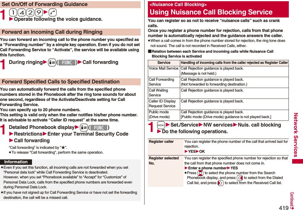 419Network Services11429dOperate following the voice guidance.You can forward an incoming call to the phone number you specified as a “Forwarding number” by a simple key operation. Even if you do not set Call Forwarding Service to “Activate”, the service will be available using this function.1During ringingi()Call forwardingYou can automatically forward the calls from the specified phone numbers stored in the Phonebook after the ring tone sounds for about one second, regardless of the Activate/Deactivate setting for Call Forwarding Service.You can specify up to 20 phone numbers.This setting is valid only when the caller notifies his/her phone number. It is advisable to activate “Caller ID request” at the same time.1Detailed Phonebook displayi()RestrictionsEnter your Terminal Security CodeCall forwarding“Call forwarding” is indicated by “★”.pTo release “Call forwarding”, perform the same operation.Set On/Off of Forwarding GuidanceForward an Incoming Call during RingingForward Specified Calls to Specified DestinationInformationpEven if you set this function, all incoming calls are not forwarded when you set “Personal data lock” while Call Forwarding Service is deactivated.However, when you set “Phonebook available” to “Accept” for “Customize” of Personal Data Lock, calls from the specified phone numbers are forwarded even during Personal Data Lock.pIf you have not signed up for Call Forwarding Service or have not set the forwarding destination, the call will be a missed call.You can register so as not to receive “nuisance calls” such as crank calls. Once you register a phone number for rejection, calls from that phone number is automatically rejected and the guidance answers the caller.pWhen a call comes in from the phone number stored for rejection, the ring tone does not sound. The call is not recorded in Received Calls, either.■Relation between each Service and incoming calls while Nuisance Call Blocking Service is activated1mSet./ServiceNW servicesNuis. call blockingDo the following operations.&lt;Nuisance Call Blocking&gt;Using Nuisance Call Blocking ServiceServiceHandling of incoming calls from the caller rejected as Register CallerVoice Mail Service Call Rejection guidance is played back. (Message is not held.)Call Forwarding ServiceCall Rejection guidance is played back. (Not forwarded to forwarding destination.)Call Waiting ServiceCall Rejection guidance is played back.Caller ID Display Request ServiceCall Rejection guidance is played back.Public mode (Drive mode)Call Rejection guidance is played back. [Public mode (Drive mode) guidance is not played back.]Register caller You can register the phone number of the call that arrived last for rejection.YESOKRegister selected No.You can register the specified phone number for rejection so that the call from that phone number does not come in.Enter a phone numberYESpPress Bo to select the phone number from the Search Phonebook display, and press Vo to select from the Dialed Call list, and press Co to select from the Received Call list. 