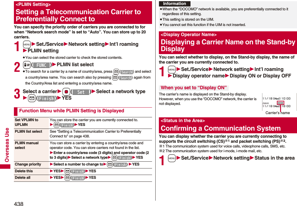 438Overseas UseYou can specify the priority order of carriers you are connected to for when “Network search mode” is set to “Auto”. You can store up to 20 carriers.1mSet./ServiceNetwork settingInt’l roamingPLMN settingpYou can select the stored carrier to check the stored contents. 2i()PLMN list selectpTo search for a carrier by a name of country/area, press l( ) and select a country/area name. You can search also by pressing l( ) again from the Country/Area list and entering a country/area name. 3Select a carrierOo()Select a network typel()YES&lt;PLMN Setting&gt;Setting a Telecommunication Carrier to Preferentially Connect toFunction Menu while PLMN Setting is DisplayedSet VPLMN to UPLMNYou can store the carrier you are currently connected to.l()YESPLMN list select See “Setting a Telecommunication Carrier to Preferentially Connect to” on page 438.PLMN manual selectYou can store a carrier by entering a country/area code and operator code. You can store carriers not found in the list.Enter a country/area code (3 digits) and operator code (2 to 3 digits)Select a network typel()YESChange priority Select a number to change tol()YESDelete this YESl()YESDelete all YESl()YESYou can select whether to display, on the Stand-by display, the name of the carrier you are currently connected to.1mSet./ServiceNetwork settingInt’l roamingDisplay operator nameDisplay ON or Display OFFThe carrier’s name is displayed on the Stand-by display. However, when you use the “DOCOMO” network, the carrier is not displayed.You can display whether the carrier you are currently connecting to supports the circuit switching (CS)※1 and packet switching (PS)※2.※1 The communication system used for voice calls, videophone calls, SMS, etc.※2 The communication system used for i-mode, i-mode mail, etc.1mSet./ServiceNetwork settingStatus in the areaInformationpWhen the “DOCOMO” network is available, you are preferentially connected to it regardless of this setting.pThis setting is stored on the UIM.pYou cannot set this function if the UIM is not inserted.&lt;Display Operator Name&gt;Displaying a Carrier Name on the Stand-by DisplayWhen you set to “Display ON”&lt;Status in the Area&gt;Confirming a Communication SystemCarrier’s name