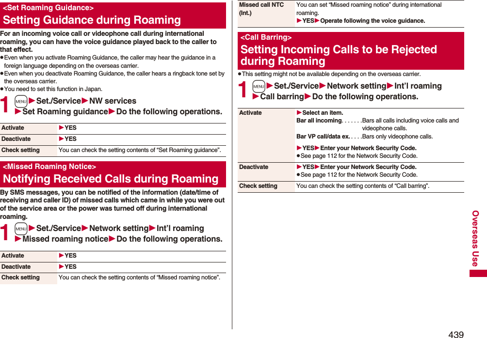 439Overseas UseFor an incoming voice call or videophone call during international roaming, you can have the voice guidance played back to the caller to that effect.pEven when you activate Roaming Guidance, the caller may hear the guidance in a foreign language depending on the overseas carrier.pEven when you deactivate Roaming Guidance, the caller hears a ringback tone set by the overseas carrier.pYou need to set this function in Japan.1mSet./ServiceNW servicesSet Roaming guidanceDo the following operations.By SMS messages, you can be notified of the information (date/time of receiving and caller ID) of missed calls which came in while you were out of the service area or the power was turned off during international roaming.1mSet./ServiceNetwork settingInt’l roamingMissed roaming noticeDo the following operations.&lt;Set Roaming Guidance&gt;Setting Guidance during RoamingActivate YESDeactivate YESCheck setting You can check the setting contents of “Set Roaming guidance”.&lt;Missed Roaming Notice&gt;Notifying Received Calls during RoamingActivate YESDeactivate YESCheck setting You can check the setting contents of “Missed roaming notice”.pThis setting might not be available depending on the overseas carrier.1mSet./ServiceNetwork settingInt’l roamingCall barringDo the following operations.Missed call NTC (Int.)You can set “Missed roaming notice” during international roaming.YESOperate following the voice guidance.&lt;Call Barring&gt;Setting Incoming Calls to be Rejected during RoamingActivate Select an item.Bar all incoming. . . . . . .Bars all calls including voice calls and videophone calls.Bar VP call/data ex. . . . .Bars only videophone calls.YESEnter your Network Security Code.pSee page 112 for the Network Security Code.Deactivate YESEnter your Network Security Code.pSee page 112 for the Network Security Code.Check setting You can check the setting contents of “Call barring”.