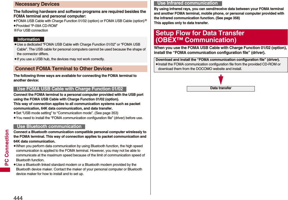 444PC ConnectionThe following hardware and software programs are required besides the FOMA terminal and personal computer:pFOMA USB Cable with Charge Function 01/02 (option) or FOMA USB Cable (option)※pProvided “P-09A CD-ROM”※For USB connectionThe following three ways are available for connecting the FOMA terminal to another device:Connect the FOMA terminal to a personal computer provided with the USB port using the FOMA USB Cable with Charge Function 01/02 (option).This way of connection applies to all communication systems such as packet communication, 64K data communication, and data transfer.pSet “USB mode setting” to “Communication mode”. (See page 353)pYou need to install the “FOMA communication configuration file” (driver) before use.Connect a Bluetooth communication compatible personal computer wirelessly to the FOMA terminal. This way of connection applies to packet communication and 64K data communication.pWhen you perform data communication by using Bluetooth function, the high speed communication is applied to the FOMA terminal. However, you may not be able to communicate at the maximum speed because of the limit of communication speed of Bluetooth function.pUse a Bluetooth linked standard modem or a Bluetooth modem provided by the Bluetooth device maker. Contact the maker of your personal computer or Bluetooth device maker for how to install and to set up.Necessary DevicesInformationpUse a dedicated “FOMA USB Cable with Charge Function 01/02” or “FOMA USB Cable”. The USB cable for personal computers cannot be used because the shape of the connector differs.pIf you use a USB hub, the devices may not work correctly.Connect FOMA Terminal to Other DevicesUse FOMA USB Cable with Charge Function 01/02Use Bluetooth communicationBy using infrared rays, you can send/receive data between your FOMA terminal and another FOMA terminal, mobile phone, or personal computer provided with the infrared communication function. (See page 358)This applies only to data transfer.When you use the FOMA USB Cable with Charge Function 01/02 (option), install the “FOMA communication configuration file” (driver).Use Infrared communicationSetup Flow for Data Transfer(OBEX™ Communication)Download and install the “FOMA communication configuration file” (driver).pInstall the FOMA communication configuration file from the provided CD-ROM or download them from the DOCOMO website and install.Data transfer