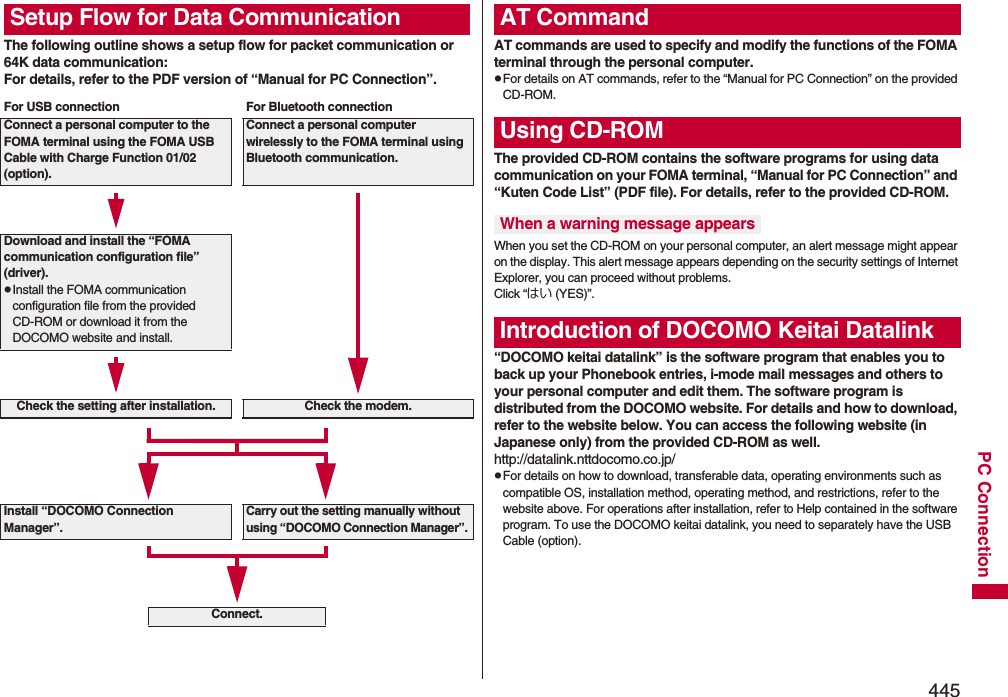 445PC ConnectionThe following outline shows a setup flow for packet communication or 64K data communication:For details, refer to the PDF version of “Manual for PC Connection”.Setup Flow for Data CommunicationFor USB connection For Bluetooth connectionConnect a personal computer to the FOMA terminal using the FOMA USB Cable with Charge Function 01/02 (option).Connect a personal computer wirelessly to the FOMA terminal using Bluetooth communication.Download and install the “FOMA communication configuration file” (driver).pInstall the FOMA communication configuration file from the provided CD-ROM or download it from the DOCOMO website and install.Check the setting after installation. Check the modem.Install “DOCOMO Connection Manager”.Carry out the setting manually without using “DOCOMO Connection Manager”. Connect.AT commands are used to specify and modify the functions of the FOMA terminal through the personal computer.pFor details on AT commands, refer to the “Manual for PC Connection” on the provided CD-ROM.The provided CD-ROM contains the software programs for using data communication on your FOMA terminal, “Manual for PC Connection” and “Kuten Code List” (PDF file). For details, refer to the provided CD-ROM.When you set the CD-ROM on your personal computer, an alert message might appear on the display. This alert message appears depending on the security settings of Internet Explorer, you can proceed without problems. Click “はい (YES)”.“DOCOMO keitai datalink” is the software program that enables you to back up your Phonebook entries, i-mode mail messages and others to your personal computer and edit them. The software program is distributed from the DOCOMO website. For details and how to download, refer to the website below. You can access the following website (in Japanese only) from the provided CD-ROM as well. http://datalink.nttdocomo.co.jp/pFor details on how to download, transferable data, operating environments such as compatible OS, installation method, operating method, and restrictions, refer to the website above. For operations after installation, refer to Help contained in the software program. To use the DOCOMO keitai datalink, you need to separately have the USB Cable (option).AT CommandUsing CD-ROMWhen a warning message appearsIntroduction of DOCOMO Keitai Datalink