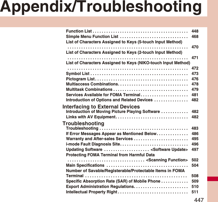 447Appendix/TroubleshootingFunction List . . . . . . . . . . . . . . . . . . . . . . . . . . . . . . . . . . . . . . . . . . 448Simple Menu Function List  . . . . . . . . . . . . . . . . . . . . . . . . . . . . . . 468List of Characters Assigned to Keys (5-touch Input Method) . . . . . . . . . . . . . . . . . . . . . . . . . . . . . . . . . . . . . . . . . . . . . . . . . . . . . 470List of Characters Assigned to Keys (2-touch Input Method) . . . . . . . . . . . . . . . . . . . . . . . . . . . . . . . . . . . . . . . . . . . . . . . . . . . . . 471List of Characters Assigned to Keys (NIKO-touch Input Method) . . . . . . . . . . . . . . . . . . . . . . . . . . . . . . . . . . . . . . . . . . . . . . . . . . . . . 472Symbol List . . . . . . . . . . . . . . . . . . . . . . . . . . . . . . . . . . . . . . . . . . . 473Pictogram List . . . . . . . . . . . . . . . . . . . . . . . . . . . . . . . . . . . . . . . . . 476Multiaccess Combinations. . . . . . . . . . . . . . . . . . . . . . . . . . . . . . . 478Multitask Combinations . . . . . . . . . . . . . . . . . . . . . . . . . . . . . . . . . 479Services Available for FOMA Terminal . . . . . . . . . . . . . . . . . . . . . 481Introduction of Options and Related Devices  . . . . . . . . . . . . . . . 482Interfacing to External DevicesIntroduction of Moving Picture Playing Software . . . . . . . . . . . . 482Links with AV Equipment. . . . . . . . . . . . . . . . . . . . . . . . . . . . . . . . 482TroubleshootingTroubleshooting . . . . . . . . . . . . . . . . . . . . . . . . . . . . . . . . . . . . . . . 483If Error Messages Appear as Mentioned Below. . . . . . . . . . . . . . 486Warranty and After-sales Services . . . . . . . . . . . . . . . . . . . . . . . . 495i-mode Fault Diagnosis Site. . . . . . . . . . . . . . . . . . . . . . . . . . . . . . 496Updating Software  . . . . . . . . . . . . . . . . . . . .  &lt;Software Update&gt; 497Protecting FOMA Terminal from Harmful Data . . . . . . . . . . . . . . . . . . . . . . . . . . . . . . . . . .  &lt;Scanning Function&gt; 502Main Specifications  . . . . . . . . . . . . . . . . . . . . . . . . . . . . . . . . . . . . 504Number of Savable/Registerable/Protectable Items in FOMA Terminal  . . . . . . . . . . . . . . . . . . . . . . . . . . . . . . . . . . . . . . . . . . . .  508Specific Absorption Rate (SAR) of Mobile Phone . . . . . . . . . . . . 509Export Administration Regulations. . . . . . . . . . . . . . . . . . . . . . . . 510Intellectual Property Right . . . . . . . . . . . . . . . . . . . . . . . . . . . . . . . 511