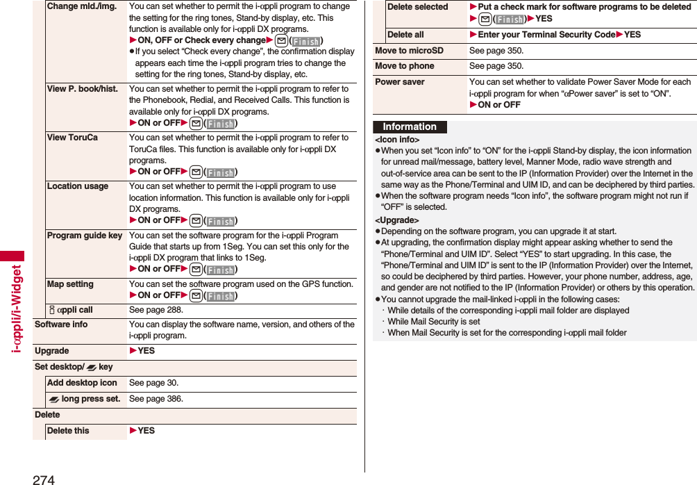 274i-αppli/i-WidgetChange mld./img. You can set whether to permit the i-αppli program to change the setting for the ring tones, Stand-by display, etc. This function is available only for i-αppli DX programs.ON, OFF or Check every changel()pIf you select “Check every change”, the confirmation display appears each time the i-αppli program tries to change the setting for the ring tones, Stand-by display, etc.View P. book/hist. You can set whether to permit the i-αppli program to refer to the Phonebook, Redial, and Received Calls. This function is available only for i-αppli DX programs.ON or OFFl()View ToruCa You can set whether to permit the i-αppli program to refer to ToruCa files. This function is available only for i-αppli DX programs.ON or OFFl()Location usage You can set whether to permit the i-αppli program to use location information. This function is available only for i-αppli DX programs.ON or OFFl()Program guide key You can set the software program for the i-αppli Program Guide that starts up from 1Seg. You can set this only for the i-αppli DX program that links to 1Seg.ON or OFFl()Map setting You can set the software program used on the GPS function.ON or OFFl()iαppli call See page 288.Software info You can display the software name, version, and others of the i-αppli program.Upgrade YESSet desktop/ keyAdd desktop icon See page 30.long press set. See page 386.DeleteDelete this YESDelete selected Put a check mark for software programs to be deletedl()YESDelete all Enter your Terminal Security CodeYESMove to microSD See page 350.Move to phone See page 350.Power saver You can set whether to validate Power Saver Mode for each i-αppli program for when “αPower saver” is set to “ON”.ON or OFFInformation&lt;Icon info&gt;pWhen you set “Icon info” to “ON” for the i-αppli Stand-by display, the icon information for unread mail/message, battery level, Manner Mode, radio wave strength and out-of-service area can be sent to the IP (Information Provider) over the Internet in the same way as the Phone/Terminal and UIM ID, and can be deciphered by third parties.pWhen the software program needs “Icon info”, the software program might not run if “OFF” is selected.&lt;Upgrade&gt;pDepending on the software program, you can upgrade it at start.pAt upgrading, the confirmation display might appear asking whether to send the “Phone/Terminal and UIM ID”. Select “YES” to start upgrading. In this case, the “Phone/Terminal and UIM ID” is sent to the IP (Information Provider) over the Internet, so could be deciphered by third parties. However, your phone number, address, age, and gender are not notified to the IP (Information Provider) or others by this operation.pYou cannot upgrade the mail-linked i-αppli in the following cases:・While details of the corresponding i-αppli mail folder are displayed・While Mail Security is set・When Mail Security is set for the corresponding i-αppli mail folder
