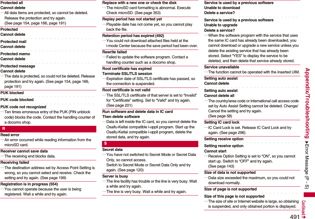 491Appendix/TroubleshootingProtected allCannot delete…All data items are protected, so cannot be deleted. Release the protection and try again. (See page 154, page 166, page 191)ProtectedCannot deleteProtected mailCannot deleteProtected memoCannot deleteProtected messageCannot delete…The data is protected, so could not be deleted. Release protection and try again. (See page 154, page 166, page 191)PUK blockedPUK code blockedPUK code not recognized…Ten times erroneous entry of the PUK (PIN unblock code) blocks the code. Contact the handling counter of a docomo shop.RRead error…An error occurred while reading information from the microSD card.Receiver cannot save data…The receiving end blocks data.Receiving failed…The destination address set by Access Point Setting is wrong, so you cannot select and receive. Check the setting and try again. (See page 199)Registration is in progress (554)…You cannot operate because the user is being registered. Wait a while and try again.Replace with a new one or check the disk…The microSD card formatting is abnormal. Execute Check microSD. (See page 353)Replay period has not started yet…Playable date has not come yet, so you cannot play back the file.Retention period has expired (492)…You could not download attached files held at the i-mode Center because the save period had been over.Rewrite failed…Failed to update the software program. Contact a handling counter such as a docomo shop.Root certificate has expiredTerminate SSL/TLS session…Expiration date of SSL/TLS certificate has passed, so the connection is suspended.Root certificate is not valid…The SSL/TLS certificate of that server is set to “Invalid” for “Certificate” setting. Set to “Valid” and try again. (See page 201)Run software and delete data in IC cardThen delete software…Data is left inside the IC card, so you cannot delete the Osaifu-Keitai compatible i-αppli program. Start up the Osaifu-Keitai compatible i-αppli program, delete the stored data, and try again.SSecret data…You have not switched to Secret Mode or Secret Data Only, so cannot access.Switch to Secret Mode or Secret Data Only and try again. (See page 120)Server is busy…The line facility has trouble or the line is very busy. Wait a while and try again.…The line is very busy. Wait a while and try again.Service is used by a previous software Unable to download Delete a service?Service is used by a previous software Unable to upgrade Delete a service?…When the software program with the service that uses the same IC card has already been downloaded, you cannot download or upgrade a new service unless you delete the existing service that has already been stored. Select “YES” to display the service to be deleted, and then delete that service already stored.Service unavailable…The function cannot be operated with the inserted UIM.Setting auto assist Cannot deleteSetting auto assist Cannot delete all…The country/area code or international call access code set by Auto Assist Setting cannot be deleted. Change/Cancel the setting and try again. (See page 58)Setting IC card lock…IC Card Lock is set. Release IC Card Lock and try again. (See page 296)Setting receive optionSetting receive option Cannot start…Receive Option Setting is set to “ON”, so you cannot start up. Switch to “OFF” and try again. (See page 143)Size of data is not supported…Data size exceeded the maximum, so you could not download normally.Size of page is not supportedSize of this page is not supported…The size of site or Internet website is large, so obtaining is suspended, and only obtained portion is displayed.Error Message (P - S)