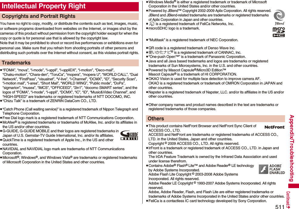 511Appendix/TroubleshootingYou have no right to copy, modify, or distribute the contents such as text, images, music, or software programs downloaded from websites on the Internet, or images shot by the cameras of this product without permission from the copyright holder except for when the copy or quote is for personal use that is allowed by the copyright law.Note that it may be prohibited to shoot or record live performances or exhibitions even for personal use. Make sure that you refrain from shooting portraits of other persons and distributing such portraits over the Internet without consent, as this violates portrait rights.p“FOMA”, “mova”, “i-mode”, “i-αppli”, “i-αppliDX”, “i-motion”, “Deco-mail”, “Chaku-motion”, “Chara-den”, “ToruCa”, “mopera”, “mopera U”, “WORLD CALL”, “Dual Network”, “FirstPass”, “visualnet”, “V-live”, “i-Channel”, “DCMX”, “iD”, “Security Scan”, “i-motion mail”, “i-area”, “Short Mail”, “WORLD WING”, “Public mode”, “DoPa”, “sigmarion”, “musea”, “IMCS”, “OFFICEED”, “2in1”, “docomo SMART series”, and the logos of “FOMA”, “i-mode”, “i-αppli”, “DCMX”, “iC”, “iD”, “Music&amp;Video Channel”, and “HIGH-SPEED” are trademarks or registered trademarks of NTT DOCOMO, INC.p“Chizu Talk” is a trademark of ZENRIN DataCom CO., LTD.p“Catch Phone (Call waiting service)” is a registered trademark of Nippon Telegraph and Telephone Corporation.pFree Dial logo mark is a registered trademark of NTT Communications Corporation.pMcAfee® is registered trademarks or trademarks of McAfee, Inc. and/or its affiliates in the US and/or other countries.pG-GUIDE, G-GUIDE MOBILE and their logos are registered trademarks in Japan of U.S. Gemstar-TV Guide International, Inc. and/or its affiliates.pQuickTime is a registered trademark of Apple Inc., in the US and other countries.pNAVIDIAL and NAVIDIAL logo mark are trademarks of NTT Communications Corporation.pMicrosoft®, Windows®, and Windows Vista® are trademarks or registered trademarks of Microsoft Corporation in the United States and other countries.Intellectual Property RightCopyrights and Portrait RightsTrademarkspWindows Media® is either a registered trademark or trademark of Microsoft Corporation in the United States and/or other countries.pPowered by JBlend™ Copyright 2002-2009 Aplix Corporation. All rights reserved.JBlend and JBlend-related trademarks are trademarks or registered trademarks of Aplix Corporation in Japan and other countries.pf is a registered trademark of FeliCa Networks, Inc.pmicroSDHC logo is a trademark.p“Multitask” is a registered trademark of NEC Corporation.pQR code is a registered trademark of Denso Wave Inc.p使いかたナビ® is a registered trademark of CANNAC, Inc.p“One-push Open™” is a trademark of Panasonic Corporation.pJava and all Java based trademarks and logos are trademarks or registered trademarks of Sun Microsystems, Inc. in the U.S. and other countries.pPowered by Mascot Capsule®/Micro3D Edition™Mascot Capsule® is a trademark of HI CORPORATION.pOKAO Vision is used for multiple face detection to improve camera AF. OKAO is a registered trademark or trademark of OMRON Corporation in JAPAN and other countries.pNapster is a registered trademark of Napster, LLC. and/or its affiliates in the US and/or other countries.pOther company names and product names described in the text are trademarks or registered trademarks of those companies.pThis product contains NetFront Browser and NetFront Sync Client of ACCESS CO., LTD. ACCESS and NetFront are trademarks or registered trademarks of ACCESS CO., LTD. in the United States, Japan and other countries.Copyright © 2009 ACCESS CO., LTD. All rights reserved.pIrFront is a trademark or registered trademark of ACCESS CO., LTD. in Japan and other countries.The IrDA Feature Trademark is owned by the Infrared Data Association and used under license therefrom.pContains Adobe® Flash® Lite™ and Adobe Reader® LE technology by Adobe Systems Incorporated.Adobe Flash Lite Copyright © 2003-2008 Adobe Systems Incorporated. All rights reserved.Adobe Reader LE Copyright © 1993-2007 Adobe Systems Incorporated. All rights reserved. Adobe, Adobe Reader, Flash, and Flash Lite are either registered trademarks or trademarks of Adobe Systems Incorporated in the United States and/or other countries.pFeliCa is a contactless IC card technology developed by Sony Corporation.Others