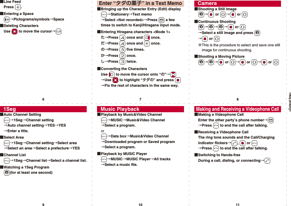 &lt;Cutout line&gt;67891011■Line FeedPress a.■Entering a Spacei→Pictograms/symbols→Space■Deleting CharactersUse Mo to move the cursor→r■Bringing up the Character Entry (Edit) displaym→Stationery→Text memo→Select &lt;Not recorded&gt;→Press l a few times to switch to Kanji/Hiragana input mode.■Entering Hiragana characters &lt;Mode 1&gt;た→Press 4 once and Vo once.だ→Press 4 once and a once.の→Press 5 five times.か→Press 2 once.し→Press 3 twice.■Converting the CharactersUse Co to move the cursor onto “の”→Bo→Use Mo to highlight “タダの” and press Oo→Fix the rest of characters in the same way.Enter “タダの菓子” in a Text Memo■Shooting a Still Imagec→Oo or 0→Oo or 0■Continuous Shootingc→c→c→Oo or 0→Select a still image and press c→Oo or 0※This is the procedure to select and save one still image for continuous shooting.■Shooting a Moving Picturec→c→Oo or 0→Oo or 0→Oo or 0Camera■Auto Channel Settingm→1Seg→Channel setting→Auto channel setting→YES→YES→Enter a title.■Select Aream→1Seg→Channel setting→Select area→Select an area→Select a prefecture→YES■Channel Listm→1Seg→Channel list→Select a channel list.■Watching a 1Seg Programc(for at least one second)1Seg■Playback by Music&amp;Video Channelm→MUSIC→Music&amp;Video Channel→Select a program.orm→Data box→Music&amp;Video Channel→Downloaded program or Saved program→Select a program.■Playback by MUSIC Playerm→MUSIC→MUSIC Player→All tracks→Select a music file.Music Playback■Making a Videophone CallEnter the other party’s phone number→l→Press h to end the call after talking.■Receiving a Videophone CallThe ring tone sounds and the Call/Charging indicator flickers→d, Oo or m→Press h to end the call after talking.■Switching to Hands-freeDuring a call, dialing, or connecting→dMaking and Receiving a Videophone Call