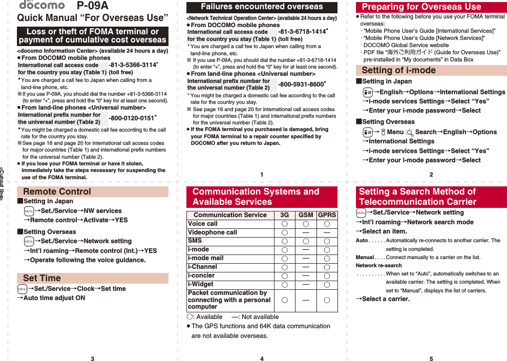 &lt;Cutout line&gt;12345P-09AQuick Manual “For Overseas Use”&lt;docomo Information Center&gt; (available 24 hours a day)pFrom DOCOMO mobile phones※If you use P-09A, you should dial the number +81-3-5366-3114 (to enter “+”, press and hold the “0” key for at least one second).pFrom land-line phones &lt;Universal number&gt;※See page 16 and page 20 for international call access codes for major countries (Table 1) and international prefix numbers for the universal number (Table 2).pIf you lose your FOMA terminal or have it stolen, immediately take the steps necessary for suspending the use of the FOMA terminal.Loss or theft of FOMA terminal or payment of cumulative cost overseasInternational call access code for the country you stay (Table 1)-81-3-5366-3114* (toll free)*You are charged a call fee to Japan when calling from a land-line phone, etc.International prefix number for the universal number (Table 2) -800-0120-0151**You might be charged a domestic call fee according to the call rate for the country you stay.&lt;Network Technical Operation Center&gt; (available 24 hours a day)pFrom DOCOMO mobile phones※If you use P-09A, you should dial the number +81-3-6718-1414 (to enter “+”, press and hold the “0” key for at least one second).pFrom land-line phones &lt;Universal number&gt;※See page 16 and page 20 for international call access codes for major countries (Table 1) and international prefix numbers for the universal number (Table 2).pIf the FOMA terminal you purchased is damaged, bring your FOMA terminal to a repair counter specified by DOCOMO after you return to Japan.Failures encountered overseasInternational call access code for the country you stay (Table 1)-81-3-6718-1414*(toll free)* You are charged a call fee to Japan when calling from a land-line phone, etc.International prefix number for the universal number (Table 2) -800-5931-8600** You might be charged a domestic call fee according to the call rate for the country you stay.pRefer to the following before you use your FOMA terminal overseas:･“Mobile Phone User’s Guide [International Services]”･“Mobile Phone User’s Guide [Network Services]”･DOCOMO Global Service website･PDF file “海外ご利用ガイド (Guide for Overseas Use)” pre-installed in “My documents” in Data Box■Setting in Japani→English→Options→International Settings→i-mode services Settings→Select “Yes”→Enter your i-mode password→Select■Setting Overseasi→iMenu Search→English→Options→International Settings→i-mode services Settings→Select “Yes”→Enter your i-mode password→SelectPreparing for Overseas UseSetting of i-mode■Setting in Japanm→Set./Service→NW services→Remote control→Activate→YES■Setting Overseasm→Set./Service→Network setting→Int’l roaming→Remote control (Int.)→YES→Operate following the voice guidance.m→Set./Service→Clock→Set time→Auto time adjust ONRemote ControlSet Time○: Available —: Not availablepThe GPS functions and 64K data communication are not available overseas.Communication Systems and Available ServicesCommunication Service 3G GSMGPRSVoice call ○○○Videophone call ○——SMS ○○○i-mode ○—○i-mode mail ○—○i-Channel ○—○i-concier ○—○i-Widget ○—○Packet communication by connecting with a personal computer○—○m→Set./Service→Network setting→Int’l roaming→Network search mode→Select an item.Auto . . . . . . Automatically re-connects to another carrier. The setting is completed.Manual. . . . Connect manually to a carrier on the list.Network re-search. . . . . . . . . . When set to “Auto”, automatically switches to an available carrier. The setting is completed. When set to “Manual”, displays the list of carriers.→Select a carrier.Setting a Search Method of Telecommunication Carrier