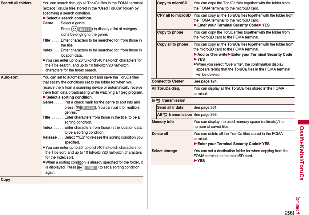 299Osaifu-Keitai/ToruCaSearch all folders You can search through all ToruCa files in the FOMA terminal (except ToruCa files stored in the “Used ToruCa” folder) by specifying a search condition.Select a search condition.Genre. . . .Select a genre.Press l( ) to display a list of category icons belonging to the genre.Title  . . . . .Enter characters to be searched for, from those in the title.Index . . . .Enter characters to be searched for, from those in location data.pYou can enter up to 20 full-pitch/40 half-pitch characters for the Title search, and up to 10 full-pitch/20 half-pitch characters for the Index search.Auto-sort You can set to automatically sort and save the ToruCa files that satisfy the conditions set to the folder for when you receive them from a scanning device or automatically receive them from data broadcasting while watching a 1Seg program.Select a sorting condition.Genre. . . . .  Put a check mark for the genre to sort into and press l( ). You can put it for multiple genres.Title  . . . . . .  Enter characters from those in the title, to be a sorting condition.Index . . . . .  Enter characters from those in the location data, to be a sorting condition.Release . . .  Select “YES” to release the sorting condition you specified.pYou can enter up to 20 full-pitch/40 half-pitch characters for the Title sort, and up to 10 full-pitch/20 half-pitch characters for the Index sort.pWhen a sorting condition is already specified for the folder, it is displayed. Press i( ) to set a sorting condition again.CopyCopy to microSD You can copy the ToruCa files together with the folder from the FOMA terminal to the microSD card.CPY all to microSD You can copy all the ToruCa files together with the folder from the FOMA terminal to the microSD card.Enter your Terminal Security CodeYESCopy to phone You can copy the ToruCa files together with the folder from the microSD card to the FOMA terminal.Copy all to phone You can copy all the ToruCa files together with the folder from the microSD card to the FOMA terminal.Add or OverwriteEnter your Terminal Security CodeYESpWhen you select “Overwrite”, the confirmation display appears telling that the ToruCa files in the FOMA terminal will be deleted.Connect to Center See page 124.All ToruCa disp. You can display all the ToruCa files stored in the FOMA terminal.Ir/  transmissionSend all Ir data See page 361.All  transmission See page 363.Memory info You can display the used memory space (estimate)/the number of saved files.Delete all You can delete all the ToruCa files stored in the FOMA terminal.Enter your Terminal Security CodeYESSelect storage You can set a destination folder for when copying from the FOMA terminal to the microSD card.YES