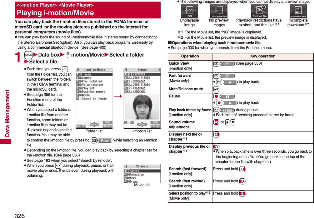 326Data ManagementYou can play back the i-motion files stored in the FOMA terminal or microSD card, or the moving pictures published on the Internet for personal computers (movie files). pYou can play back the sound of i-motion/movie files in stereo sound by connecting to the Stereo Earphone Set (option). Also, you can play back programs wirelessly by using a commercial Bluetooth device. (See page 400)1mData boximotion/MovieSelect a folderSelect a file.pEach time you press m from the Folder list, you can switch between the folders in the FOMA terminal and the microSD card.pSee page 356 for the Function menu of the Folder list.pWhen you select a folder or i-motion file from another function, some folders or i-motion files may not be displayed depending on the function. You may be able to confirm the i-motion file by pressing l( ) while selecting an i-motion file.pDepending on the i-motion file, you can play back by selecting a chapter set for the i-motion file. (See page 330)pSee page 193 when you select “Search by i-mode”.pWhen you press h during playback, pause, or halt, movie player ends. It ends even during playback with obtaining.&lt;i-motion Player&gt; &lt;Movie Player&gt;Playing i-motion/MovieFolder list i-motion listMovie listpThe following images are displayed when you cannot display a preview image.※1 For the Movie list, the “NG” image is displayed.※2 For the Movie list, the preview image is displayed.■Operations when playing back i-motion/movie filepSee page 330 for when you operate from the Function menu.Unplayable imagePlayback restrictions have expired, and the like.※1No preview imagesIncompletedownload※2Operation Key operationQuick View[i-motion only]l( ) (See page 330)Fast forward[Movie only]l()pl( ) to play backMute/Release mute iPause Oo()pOo( ) to play backPlay back frame by frame[i-motion only]l( ) during pausepEach time of pressing proceeds frame by frame.Sound volume adjustmentBo or &lt;/&gt;Display next file or chapter※1VoDisplay previous file or chapter※1CopWhen playback time is over three seconds, you go back to the beginning of the file. (You go back to the top of the chapter for the file with chapters.)Search (fast forward)[i-motion only]Press and hold Vo.Search (fast rewind)[i-motion only]Press and hold Co.Select position to play※2[Movie only]Press and hold No.