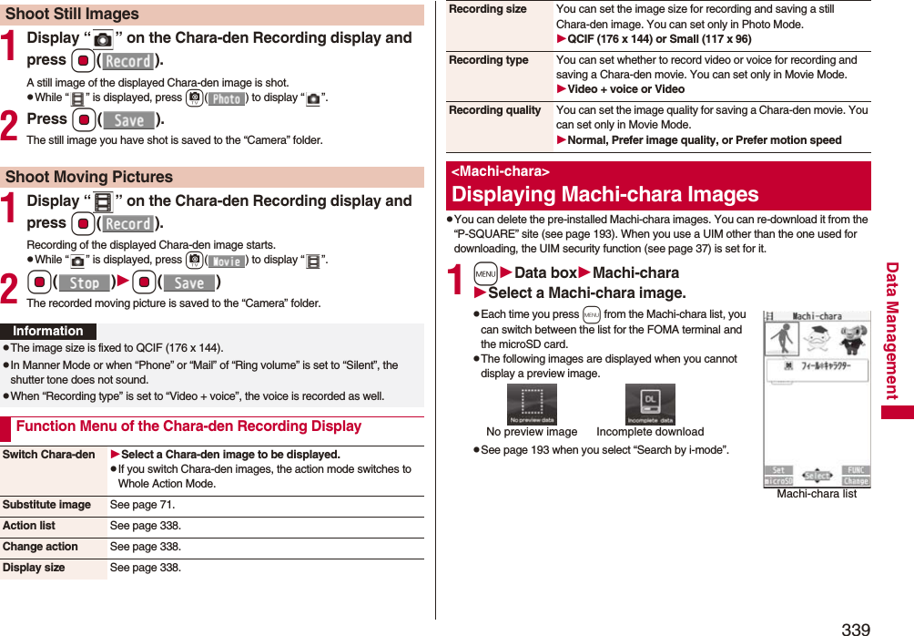 339Data Management1Display “ ” on the Chara-den Recording display and press Oo().A still image of the displayed Chara-den image is shot.pWhile “ ” is displayed, press c( ) to display “ ”.2Press Oo().The still image you have shot is saved to the “Camera” folder.1Display “ ” on the Chara-den Recording display and pressOo().Recording of the displayed Chara-den image starts.pWhile “ ” is displayed, press c( ) to display “ ”.2Oo()Oo()The recorded moving picture is saved to the “Camera” folder.Shoot Still ImagesShoot Moving PicturesInformationpThe image size is fixed to QCIF (176 x 144).pIn Manner Mode or when “Phone” or “Mail” of “Ring volume” is set to “Silent”, the shutter tone does not sound.pWhen “Recording type” is set to “Video + voice”, the voice is recorded as well.Function Menu of the Chara-den Recording DisplaySwitch Chara-den Select a Chara-den image to be displayed.pIf you switch Chara-den images, the action mode switches to Whole Action Mode.Substitute image See page 71.Action list See page 338.Change action See page 338.Display size See page 338.pYou can delete the pre-installed Machi-chara images. You can re-download it from the “P-SQUARE” site (see page 193). When you use a UIM other than the one used for downloading, the UIM security function (see page 37) is set for it.1mData boxMachi-charaSelect a Machi-chara image.pEach time you press m from the Machi-chara list, you can switch between the list for the FOMA terminal and the microSD card.pThe following images are displayed when you cannot display a preview image.pSee page 193 when you select “Search by i-mode”.Recording size You can set the image size for recording and saving a still Chara-den image. You can set only in Photo Mode.QCIF (176 x 144) or Small (117 x 96)Recording type You can set whether to record video or voice for recording and saving a Chara-den movie. You can set only in Movie Mode.Video + voice or VideoRecording quality You can set the image quality for saving a Chara-den movie. You can set only in Movie Mode.Normal, Prefer image quality, or Prefer motion speed&lt;Machi-chara&gt;Displaying Machi-chara ImagesMachi-chara listNo preview image Incomplete download