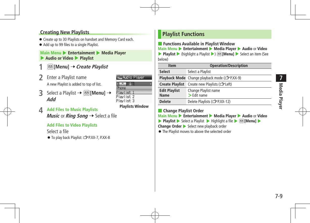 7-9Media Player7Creating New Playlists ⿟Create up to 30 Playlists on handset and Memory Card each. ⿟Add up to 99 files to a single Playlist. Main Menu 4 Entertainment 4 Media Player 4 Audio or Video 4 Playlist1 A[Menu] 7 Create Playlist2  Enter a Playlist nameA new Playlist is added to top of list.3  Select a Playlist 7 A[Menu] 7 Add4  Add Files to Music PlaylistsMusic or Ring Song 7 Select a file Add Files to Video PlaylistsSelect a file ⿟To play back Playlist: ZP.XX-7, P.XX-8Playlists WindowPlaylist Functions ■Functions Available in Playlist WindowMain Menu 4 Entertainment 4 Media Player 4 Audio or Video 4 Playlist 4 (highlight a Playlist 4) A[Menu] 4 Select an item (See below)Item Operation/DescriptionSelect Select a PlaylistPlayback Mode Change playback mode (ZP.XX-9)Create Playlist Create new Playlists (ZLeft)Edit Playlist NameChange Playlist name ＞Edit nameDelete Delete Playlists (ZP.XX-12) ■Change Playlist OrderMain Menu 4 Entertainment 4 Media Player 4 Audio or Video 4 Playlist 4 Select a Playlist  4 Highlight a file 4 A[Menu] 4 Change Order 4 Select new playback order ⿟The Playlist moves to above the selected order