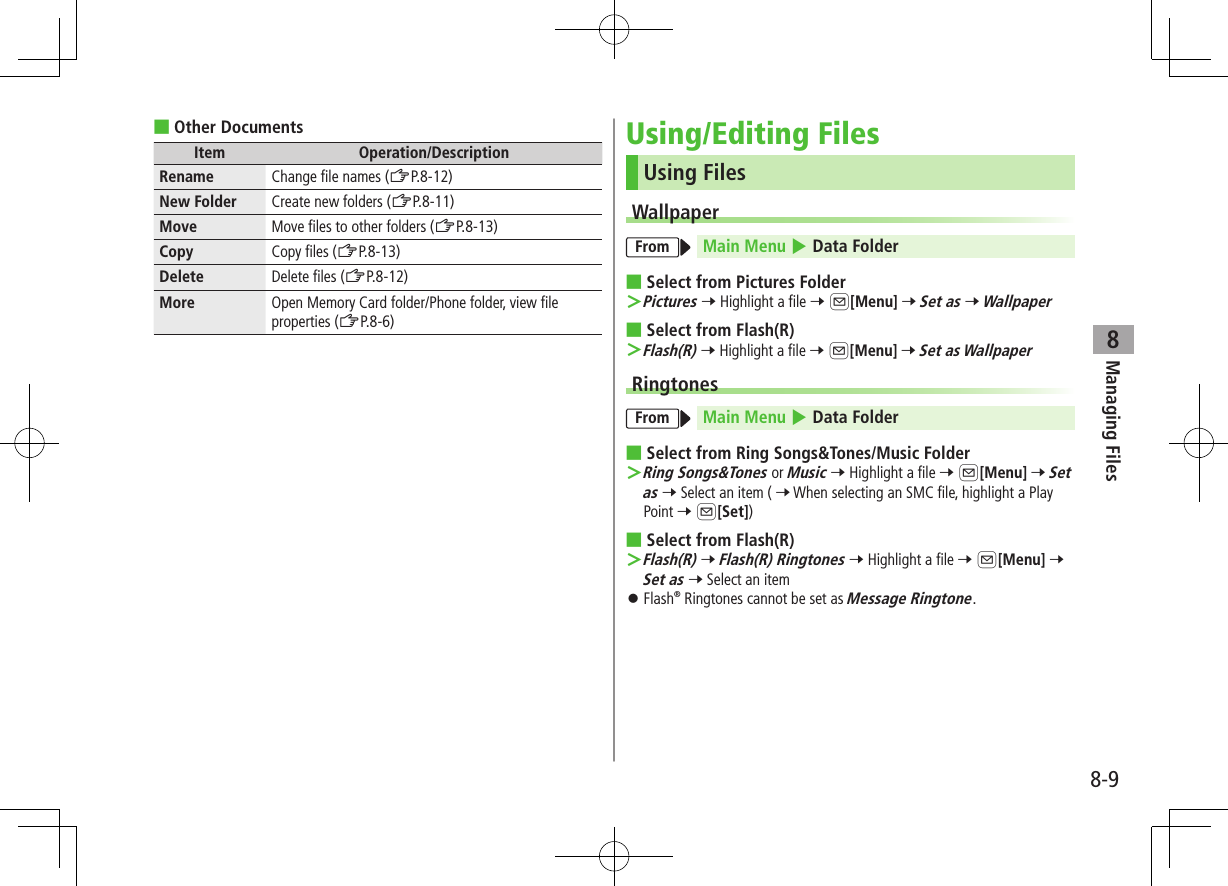 8-9Managing Files8 ■Other DocumentsItem Operation/DescriptionRename Change file names (ZP.8-12)New Folder Create new folders (ZP.8-11)Move Move files to other folders (ZP.8-13)Copy Copy files (ZP.8-13)Delete Delete files (ZP.8-12)More Open Memory Card folder/Phone folder, view file properties (ZP.8-6)Using/Editing FilesUsing FilesWallpaperFrom Main Menu 4 Data Folder ■Select from Pictures Folder ＞Pictures 7 Highlight a file 7 A[Menu] 7 Set as 7 Wallpaper ■Select from Flash(R) ＞Flash(R) 7 Highlight a file 7 A[Menu] 7 Set as WallpaperRingtonesFrom Main Menu 4 Data Folder ■Select from Ring Songs&amp;Tones/Music Folder ＞Ring Songs&amp;Tones or Music 7 Highlight a file 7 A[Menu] 7 Set as 7 Select an item ( 7 When selecting an SMC file, highlight a Play Point 7 A[Set]) ■Select from Flash(R) ＞Flash(R) 7 Flash(R) Ringtones 7 Highlight a file 7 A[Menu] 7 Set as 7 Select an item ⿟Flash® Ringtones cannot be set as Message Ringtone.