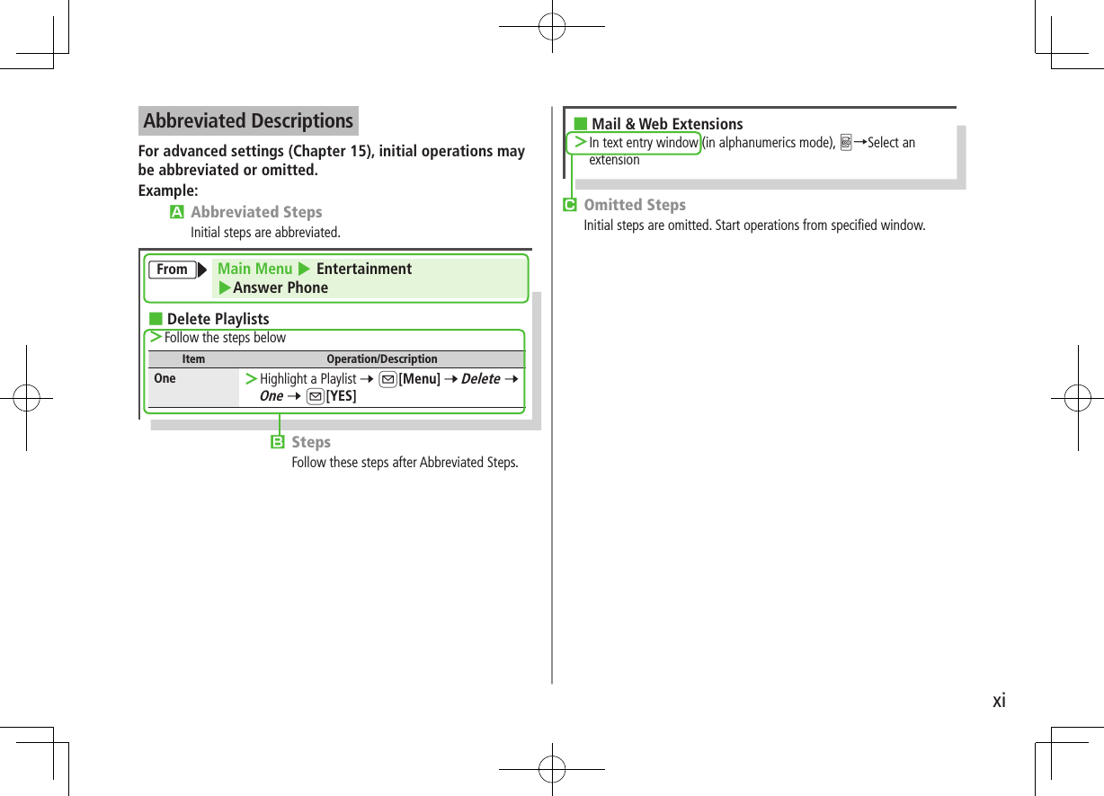 xiAbbreviated DescriptionsFor advanced settings (Chapter 15), initial operations may be abbreviated or omitted.Example:From Main Menu 4 Entertainment 4Answer Phone ■Delete Playlists ＞Follow the steps belowItem Operation/DescriptionOne ＞Highlight a Playlist 7 A[Menu] 7 Delete 7 One 7 A[YES]AAbbreviated StepsInitial steps are abbreviated.BStepsFollow these steps after Abbreviated Steps.COmitted StepsInitial steps are omitted. Start operations from specified window. ■Mail &amp; Web Extensions ＞In text entry window (in alphanumerics mode), 0→Select an extension
