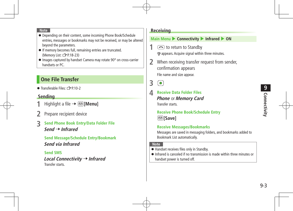 9-3Connectivity9Note ⿟Depending on their content, some incoming Phone Book/Schedule entries, messages or bookmarks may not be received, or may be altered beyond the parameters. ⿟If memory becomes full, remaining entries are truncated. (Memory List: ZP.18-23) ⿟Images captured by handset Camera may rotate 90° on cross-carrier handsets or PC.One File Transfer ⿟Transferable Files: ZP.10-2Sending1  Highlight a file 7 A[Menu]2  Prepare recipient device3  Send Phone Book Entry/Data Folder FileSend 7 Infrared Send Message/Schedule Entry/BookmarkSend via Infrared Send SMSLocal Connectivity 7 InfraredTransfer starts.ReceivingMain Menu 4 Connectivity 4 Infrared 4 ON1 L to return to Standby appears. Acquire signal within three minutes.2  When receiving transfer request from sender, confirmation appearsFile name and size appear.3 4  Receive Data Folder FilesPhone or Memory CardTransfer starts. Receive Phone Book/Schedule EntryA[Save] Receive Messages/BookmarksMessages are saved in messaging folders, and bookmarks added to Bookmark List automatically.Note ⿟Handset receives files only in Standby. ⿟Infrared is canceled if no transmission is made within three minutes or handset power is turned off.