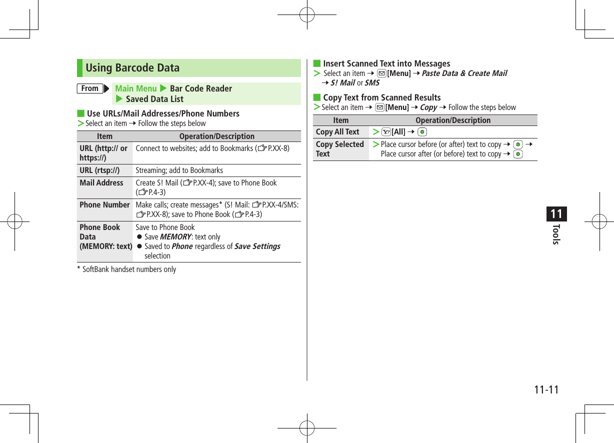 11-11Tools11Using Barcode DataFrom Main Menu 4 Bar Code Reader 4 Saved Data List ■Use URLs/Mail Addresses/Phone Numbers ＞Select an item 7 Follow the steps belowItem Operation/DescriptionURL (http:// or https://)Connect to websites; add to Bookmarks (ZP.XX-8)URL (rtsp://) Streaming; add to BookmarksMail Address Create S! Mail (ZP.XX-4); save to Phone Book (ZP.4-3)Phone Number Make calls; create messages* (S! Mail: ZP.XX-4/SMS: ZP.XX-8); save to Phone Book (ZP.4-3) Phone Book Data(MEMORY: text)Save to Phone Book ⿟Save MEMORY: text only ⿟Saved to Phone regardless of Save Settings selection* SoftBank handset numbers only ■Insert Scanned Text into Messages ＞ Select an item 7 A[Menu] 7 Paste Data &amp; Create Mail 7 S! Mail or SMS ■Copy Text from Scanned Results ＞Select an item 7 A[Menu] 7 Copy 7 Follow the steps belowItem Operation/DescriptionCopy All Text  ＞S[All] 7 Copy Selected Text ＞Place cursor before (or after) text to copy 7   7 Place cursor after (or before) text to copy 7 