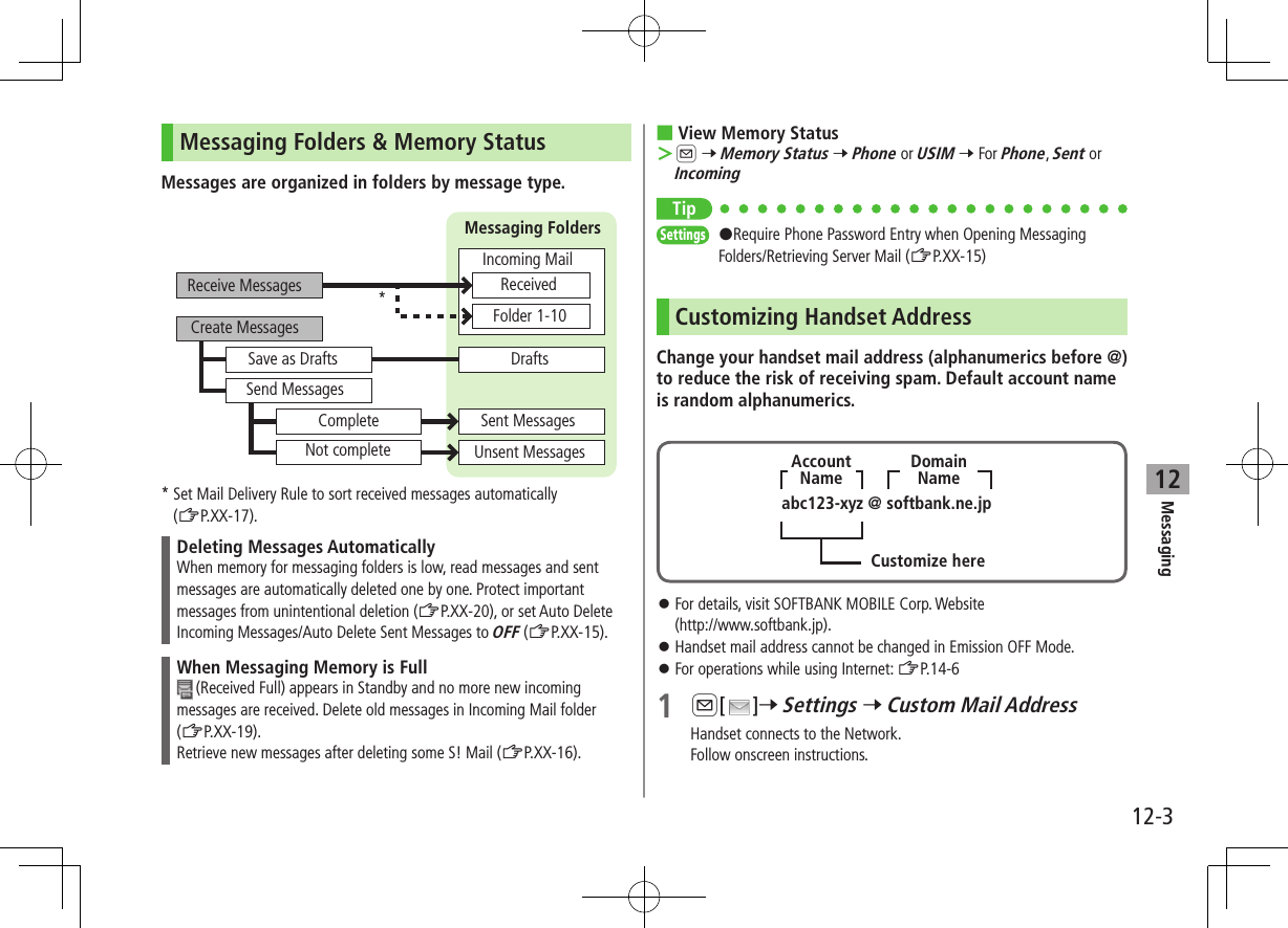 12-3Messaging12Messaging Folders &amp; Memory StatusMessages are organized in folders by message type.*  Set Mail Delivery Rule to sort received messages automatically  (ZP.XX-17).Deleting Messages AutomaticallyWhen memory for messaging folders is low, read messages and sent messages are automatically deleted one by one. Protect important messages from unintentional deletion (ZP.XX-20), or set Auto Delete Incoming Messages/Auto Delete Sent Messages to OFF (ZP.XX-15).When Messaging Memory is Full (Received Full) appears in Standby and no more new incoming messages are received. Delete old messages in Incoming Mail folder (ZP.XX-19).Retrieve new messages after deleting some S! Mail (ZP.XX-16).Create MessagesReceive MessagesSave as DraftsSend MessagesCompleteNot completeUnsent MessagesSent MessagesDraftsMessaging FoldersIncoming MailReceivedFolder 1-10* ■View Memory Status ＞A 7 Memory Status 7 Phone or USIM 7 For Phone, Sent or IncomingTipSettings   #Require Phone Password Entry when Opening Messaging Folders/Retrieving Server Mail (ZP.XX-15)Customizing Handset AddressChange your handset mail address (alphanumerics before @) to reduce the risk of receiving spam. Default account name is random alphanumerics. ⿟For details, visit SOFTBANK MOBILE Corp. Website  (http://www.softbank.jp). ⿟Handset mail address cannot be changed in Emission OFF Mode. ⿟For operations while using Internet: ZP.14-61 A[ ]7 Settings 7 Custom Mail AddressHandset connects to the Network.Follow onscreen instructions.abc123-xyz @ softbank.ne.jpCustomize hereDomainNameAccountName