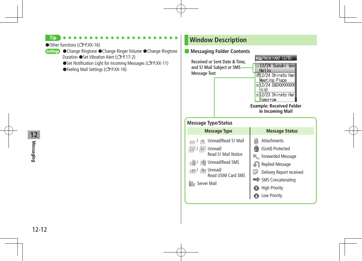 12-12Messaging12Tip#Other functions (ZP.XX-16)Settings   #Change Ringtone #Change Ringer Volume #Change Ringtone Duration #Set Vibration Alert (ZP.17-2) #Set Notification Light for Incoming Messages (ZP.XX-11)#Feeling Mail Settings (ZP.XX-16)Window Description ■Messaging Folder ContentsReceived or Sent Date &amp; Time, and S! Mail Subject or SMS Message TextExample: Received Folder  in Incoming MailMessage Type/StatusMessage Type Message Status /    Unread/Read S! Mail /     Unread/Read S! Mail Notice /    Unread/Read SMS /     Unread/Read USIM Card SMS  Server Mail  Attachments (Gold) Protected Forwarded Message Replied Message  Delivery Report received SMS Concatenating High Priority Low Priority
