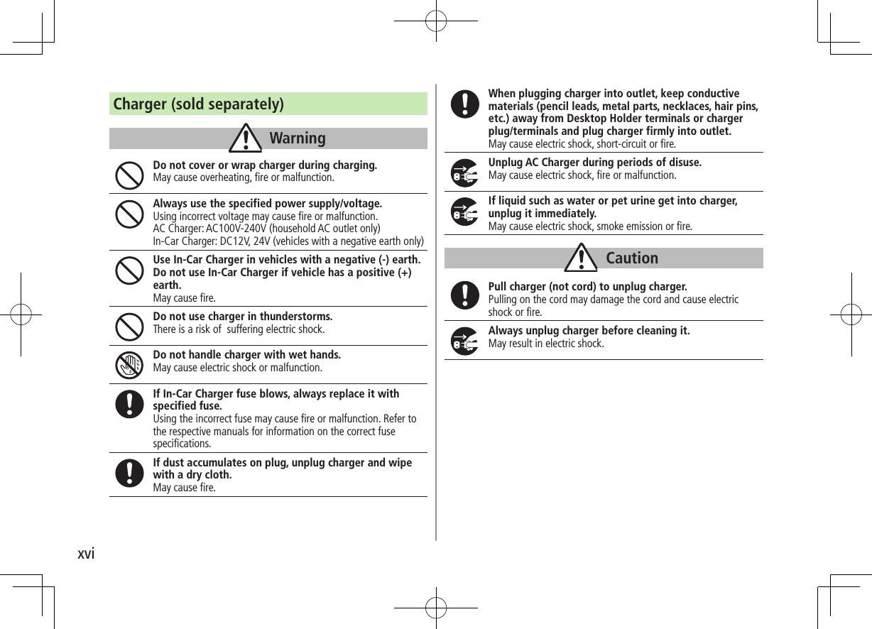 xviCharger (sold separately)WarningDo not cover or wrap charger during charging.May cause overheating, fire or malfunction.Always use the specified power supply/voltage.Using incorrect voltage may cause fire or malfunction. AC Charger: AC100V-240V (household AC outlet only) In-Car Charger: DC12V, 24V (vehicles with a negative earth only)Use In-Car Charger in vehicles with a negative (-) earth. Do not use In-Car Charger if vehicle has a positive (+) earth.May cause fire.Do not use charger in thunderstorms.There is a risk of  suffering electric shock.Do not handle charger with wet hands.May cause electric shock or malfunction.If In-Car Charger fuse blows, always replace it with specified fuse.Using the incorrect fuse may cause fire or malfunction. Refer to the respective manuals for information on the correct fuse specifications.If dust accumulates on plug, unplug charger and wipe with a dry cloth.May cause fire.When plugging charger into outlet, keep conductive materials (pencil leads, metal parts, necklaces, hair pins, etc.) away from Desktop Holder terminals or charger plug/terminals and plug charger firmly into outlet.May cause electric shock, short-circuit or fire.Unplug AC Charger during periods of disuse.May cause electric shock, fire or malfunction.If liquid such as water or pet urine get into charger, unplug it immediately.May cause electric shock, smoke emission or fire.CautionPull charger (not cord) to unplug charger.Pulling on the cord may damage the cord and cause electric shock or fire.Always unplug charger before cleaning it.May result in electric shock.
