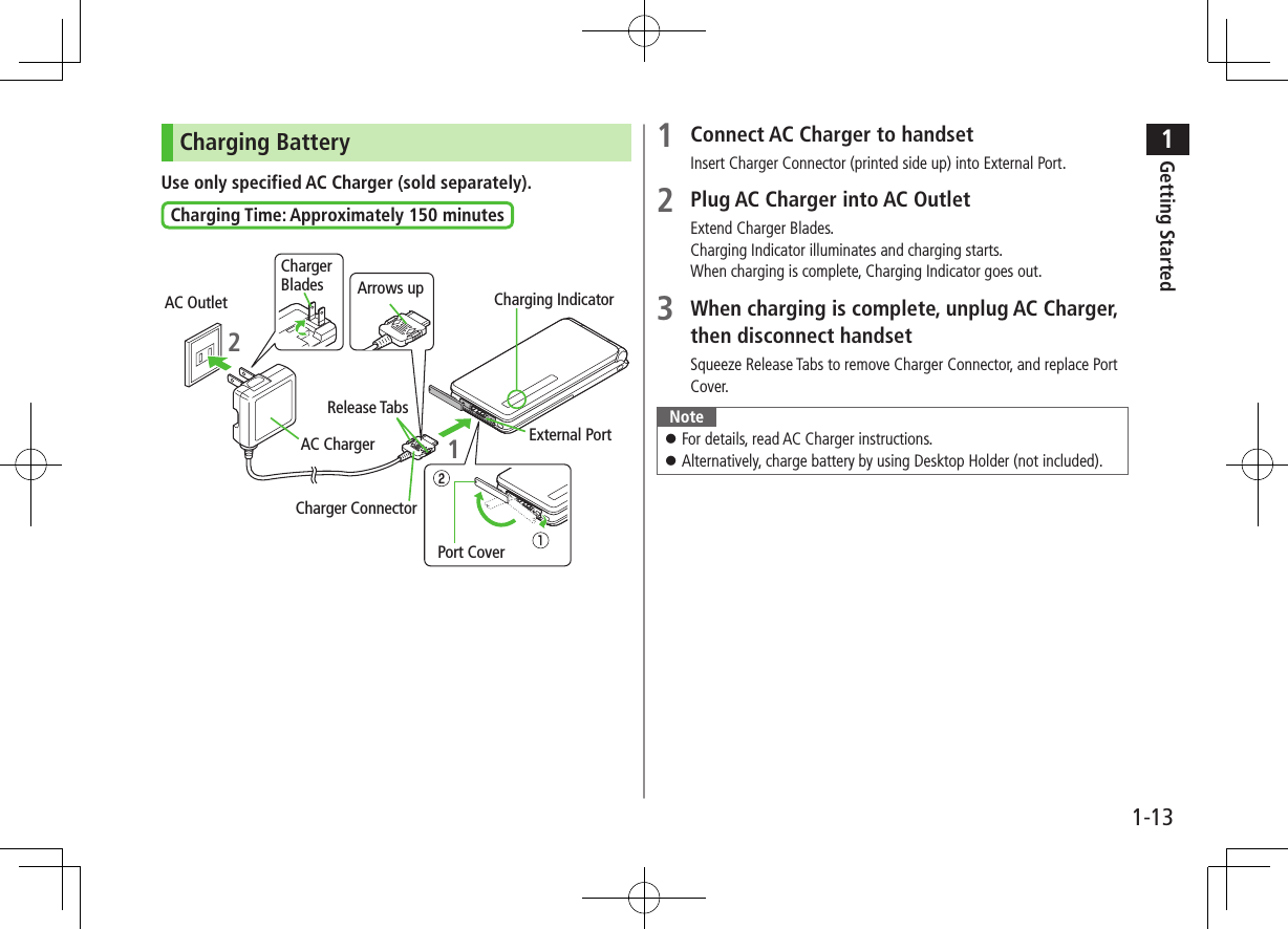 1Getting Started1-13Charging BatteryUse only specified AC Charger (sold separately).Charging Time: Approximately 150 minutes Charging IndicatorExternal PortPort CoverAC OutletChargerBlades2Release TabsAC ChargerCharger ConnectorArrows up11 Connect AC Charger to handsetInsert Charger Connector (printed side up) into External Port.2 Plug AC Charger into AC OutletExtend Charger Blades.Charging Indicator illuminates and charging starts.When charging is complete, Charging Indicator goes out.3 When charging is complete, unplug AC Charger, then disconnect handsetSqueeze Release Tabs to remove Charger Connector, and replace Port Cover.Note ⿟For details, read AC Charger instructions. ⿟Alternatively, charge battery by using Desktop Holder (not included).
