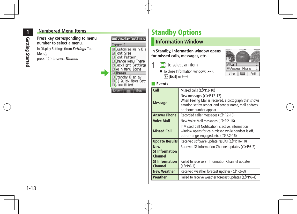 1Getting Started1-18Numbered Menu ItemsPress key corresponding to menu number to select a menu.In Display Settings (from Settings Top Menu),  press U to select ThemesStandby OptionsInformation WindowIn Standby, Information window opens for missed calls, messages, etc.1   to select an item ⿟To close Information window: L, S[Exit] or K ■EventsCall Missed calls (ZP.2-10)MessageNew messages (ZP.12-12) When Feeling Mail is received, a pictograph that shows emotion set by sender, and sender name, mail address or phone number appearAnswer Phone Recorded caller messages (ZP.2-13)Voice Mail New Voice Mail messages (ZP.2-16)Missed CallIf Missed Call Notification is active, Information window opens for calls missed while handset is off,out-of-range, engaged, etc. (ZP.2-16)Update Results Received software update results (ZP.16-10)New  S! Information ChannelReceived S! Information Channel updates (ZP.6-2)S! Information ChannelFailed to receive S! Information Channel updates  (ZP.6-2)New Weather Received weather forecast updates (ZP.6-3)Weather Failed to receive weather forecast updates (ZP.6-4)