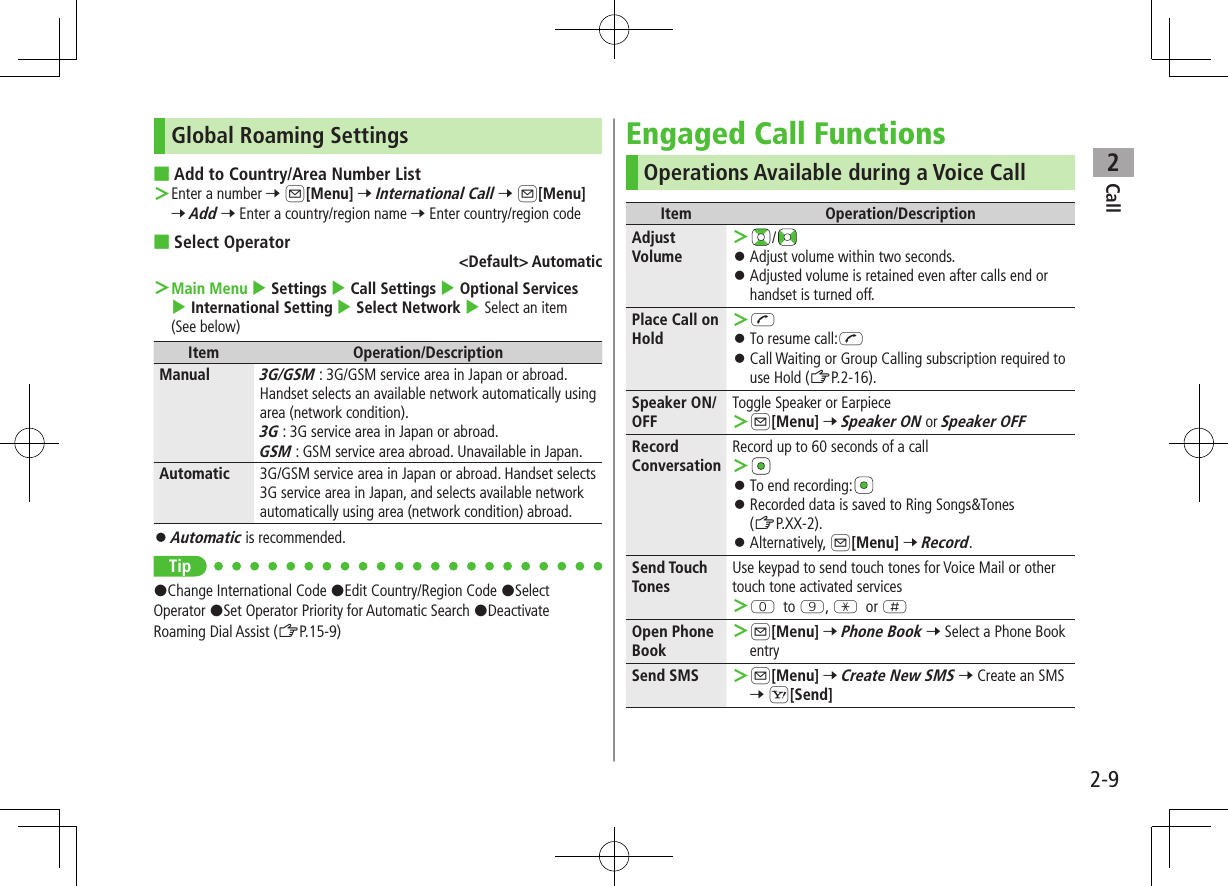 Call22-9Global Roaming Settings ■Add to Country/Area Number List ＞Enter a number 7 A[Menu] 7 International Call 7 A[Menu] 7 Add 7 Enter a country/region name 7 Enter country/region code ■Select Operator&lt;Default&gt; Automatic ＞Main Menu 4 Settings 4 Call Settings 4 Optional Services 4 International Setting 4 Select Network 4 Select an item (See below)Item Operation/DescriptionManual3G/GSM : 3G/GSM service area in Japan or abroad.Handset selects an available network automatically using area (network condition). 3G : 3G service area in Japan or abroad.GSM : GSM service area abroad. Unavailable in Japan.Automatic 3G/GSM service area in Japan or abroad. Handset selects 3G service area in Japan, and selects available network automatically using area (network condition) abroad. ⿟Automatic is recommended.Tip#Change International Code #Edit Country/Region Code #Select Operator #Set Operator Priority for Automatic Search #Deactivate Roaming Dial Assist (ZP.15-9)Engaged Call FunctionsOperations Available during a Voice CallItem Operation/DescriptionAdjust Volume ＞/ ⿟Adjust volume within two seconds. ⿟Adjusted volume is retained even after calls end or handset is turned off.Place Call on Hold ＞J ⿟To resume call:J ⿟Call Waiting or Group Calling subscription required to use Hold (ZP.2-16).Speaker ON/OFFToggle Speaker or Earpiece ＞A[Menu] 7 Speaker ON or Speaker OFFRecord ConversationRecord up to 60 seconds of a call ＞ ⿟To end recording: ⿟Recorded data is saved to Ring Songs&amp;Tones  (ZP.XX-2). ⿟Alternatively, A[Menu] 7 Record.Send Touch TonesUse keypad to send touch tones for Voice Mail or othertouch tone activated services ＞P to O, G or HOpen Phone Book ＞A[Menu] 7 Phone Book 7 Select a Phone Book entrySend SMS  ＞A[Menu] 7 Create New SMS 7 Create an SMS 7 S[Send]