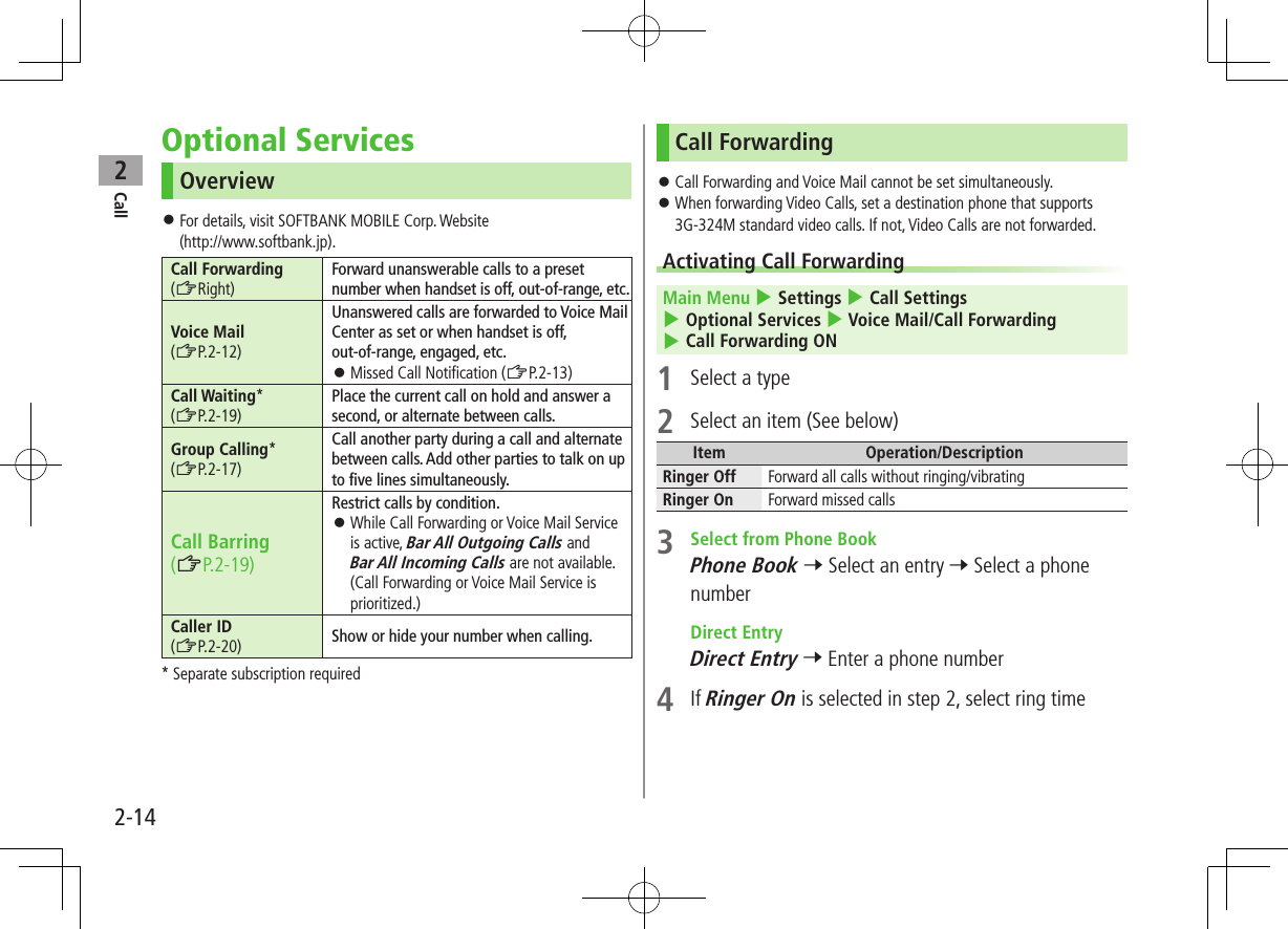 Call22-14Optional ServicesOverview ⿟For details, visit SOFTBANK MOBILE Corp. Website  (http://www.softbank.jp).Call Forwarding(ZRight)Forward unanswerable calls to a preset number when handset is off, out-of-range, etc.Voice Mail(ZP.2-12)Unanswered calls are forwarded to Voice Mail Center as set or when handset is off,  out-of-range, engaged, etc. ⿟Missed Call Notification (ZP.2-13)Call Waiting*(ZP.2-19)Place the current call on hold and answer a second, or alternate between calls.Group Calling*(ZP.2-17)Call another party during a call and alternate between calls. Add other parties to talk on up to five lines simultaneously.Call Barring (ZP.2-19)Restrict calls by condition. ⿟While Call Forwarding or Voice Mail Service is active, Bar All Outgoing Calls and Bar All Incoming Calls are not available. (Call Forwarding or Voice Mail Service is prioritized.)Caller ID (ZP.2-20) Show or hide your number when calling.* Separate subscription requiredCall Forwarding ⿟Call Forwarding and Voice Mail cannot be set simultaneously. ⿟When forwarding Video Calls, set a destination phone that supports 3G-324M standard video calls. If not, Video Calls are not forwarded.Activating Call ForwardingMain Menu 4 Settings 4 Call Settings 4 Optional Services 4 Voice Mail/Call Forwarding 4 Call Forwarding ON1  Select a type2  Select an item (See below)Item Operation/DescriptionRinger Off Forward all calls without ringing/vibratingRinger On Forward missed calls3  Select from Phone BookPhone Book 7 Select an entry 7 Select a phone number Direct EntryDirect Entry 7 Enter a phone number4  If Ringer On is selected in step 2, select ring time