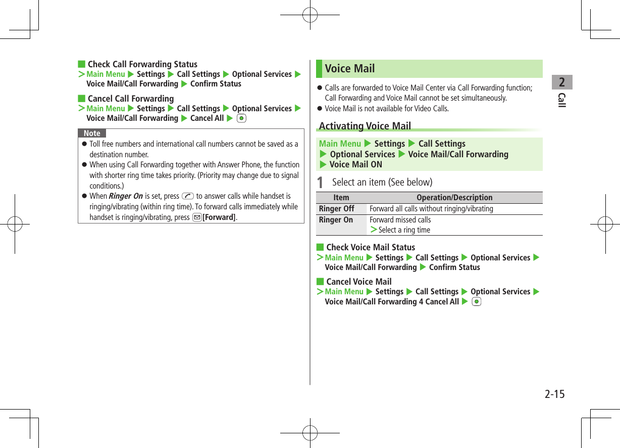 Call22-15 ■Check Call Forwarding Status ＞Main Menu 4 Settings 4 Call Settings 4 Optional Services 4 Voice Mail/Call Forwarding 4 Confirm Status ■Cancel Call Forwarding ＞Main Menu 4 Settings 4 Call Settings 4 Optional Services 4 Voice Mail/Call Forwarding 4 Cancel All 4 Note ⿟Toll free numbers and international call numbers cannot be saved as a destination number. ⿟When using Call Forwarding together with Answer Phone, the function with shorter ring time takes priority. (Priority may change due to signal conditions.)  ⿟When Ringer On is set, press J to answer calls while handset is ringing/vibrating (within ring time). To forward calls immediately while handset is ringing/vibrating, press A[Forward].Voice Mail ⿟Calls are forwarded to Voice Mail Center via Call Forwarding function; Call Forwarding and Voice Mail cannot be set simultaneously. ⿟Voice Mail is not available for Video Calls.Activating Voice MailMain Menu 4 Settings 4 Call Settings 4 Optional Services 4 Voice Mail/Call Forwarding 4 Voice Mail ON1  Select an item (See below)Item Operation/DescriptionRinger Off Forward all calls without ringing/vibratingRinger On Forward missed calls ＞Select a ring time ■Check Voice Mail Status ＞Main Menu 4 Settings 4 Call Settings 4 Optional Services 4 Voice Mail/Call Forwarding 4 Confirm Status ■Cancel Voice Mail ＞Main Menu 4 Settings 4 Call Settings 4 Optional Services 4 Voice Mail/Call Forwarding 4 Cancel All 4 