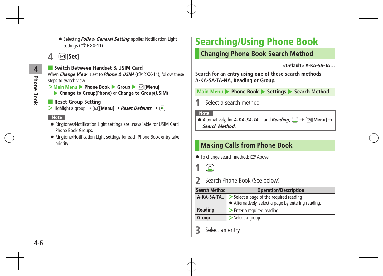 Phone Book44-6 ⿟Selecting Follow General Setting applies Notification Light settings (ZP.XX-11).4 A[Set] ■Switch Between Handset &amp; USIM CardWhen Change View is set to Phone &amp; USIM (ZP.XX-11), follow these steps to switch view. ＞Main Menu 4 Phone Book 4 Group 4 A[Menu] 4 Change to Group(Phone) or Change to Group(USIM) ■Reset Group Setting ＞Highlight a group 7 A[Menu] 7 Reset Defaults 7 Note ⿟Ringtones/Notification Light settings are unavailable for USIM Card Phone Book Groups. ⿟Ringtone/Notification Light settings for each Phone Book entry take priority.Searching/Using Phone BookChanging Phone Book Search Method&lt;Default&gt; A-KA-SA-TA…Search for an entry using one of these search methods: A-KA-SA-TA-NA, Reading or Group.Main Menu 4 Phone Book 4 Settings 4 Search Method1  Select a search method Note ⿟Alternatively, for A-KA-SA-TA... and Reading,   7 A[Menu] 7 Search Method. Making Calls from Phone Book ⿟To change search method: ZAbove1 2  Search Phone Book (See below)Search Method Operation/DescriptionA-KA-SA-TA...  ＞Select a page of the required reading ⿟Alternatively, select a page by entering reading.Reading  ＞Enter a required readingGroup  ＞Select a group3  Select an entry