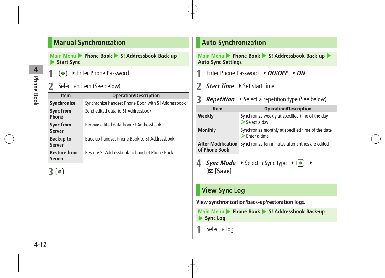 Phone Book44-12Manual SynchronizationMain Menu 4 Phone Book 4 S! Addressbook Back-up 4 Start Sync1   7 Enter Phone Password2  Select an item (See below)Item Operation/DescriptionSynchronize Synchronize handset Phone Book with S! AddressbookSync from PhoneSend edited data to S! AddressbookSync from ServerReceive edited data from S! AddressbookBackup to ServerBack up handset Phone Book to S! AddressbookRestore from ServerRestore S! Addressbook to handset Phone Book3 Auto Synchronization Main Menu 4 Phone Book 4 S! Addressbook Back-up 4 Auto Sync Settings1  Enter Phone Password 7 ON/OFF 7 ON2 Start Time 7 Set start time3 Repetition 7 Select a repetition type (See below)Item Operation/DescriptionWeekly Synchronize weekly at specified time of the day ＞Select a dayMonthly Synchronize monthly at specified time of the date ＞Enter a dateAfter Modification of Phone BookSynchronize ten minutes after entries are edited4 Sync Mode 7 Select a Sync type 7   7 A[Save]View Sync LogView synchronization/back-up/restoration logs.Main Menu 4 Phone Book 4 S! Addressbook Back-up 4 Sync Log1  Select a log