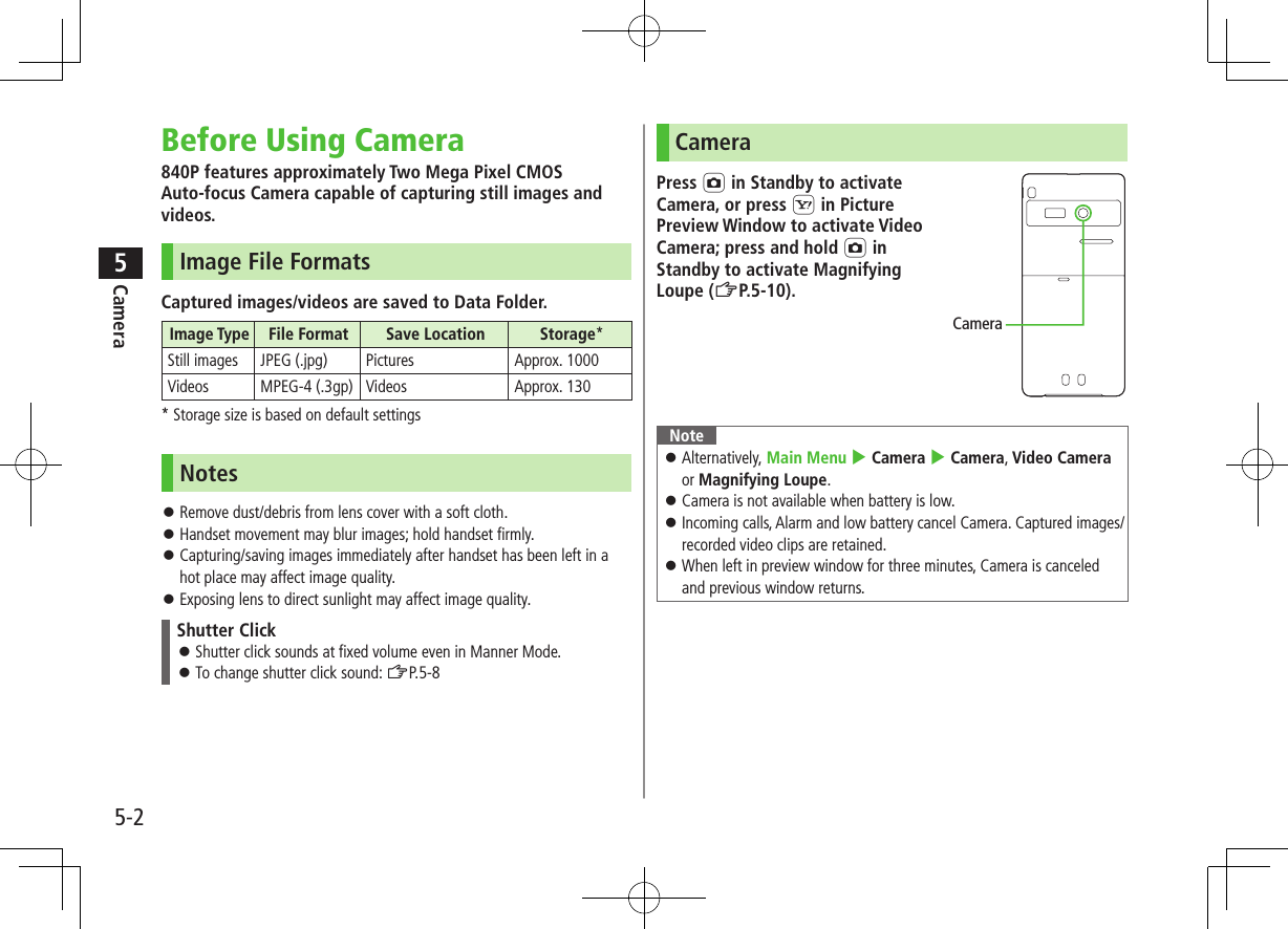 5-2Camera5Before Using Camera840P features approximately Two Mega Pixel CMOS  Auto-focus Camera capable of capturing still images and videos.Image File FormatsCaptured images/videos are saved to Data Folder.Image Type File Format Save Location Storage*Still images JPEG (.jpg) Pictures Approx. 1000Videos MPEG-4 (.3gp) Videos Approx. 130* Storage size is based on default settingsNotes ⿟Remove dust/debris from lens cover with a soft cloth. ⿟Handset movement may blur images; hold handset firmly. ⿟Capturing/saving images immediately after handset has been left in a hot place may affect image quality. ⿟Exposing lens to direct sunlight may affect image quality.Shutter Click ⿟Shutter click sounds at fixed volume even in Manner Mode. ⿟To change shutter click sound: ZP.5-8CameraPress F in Standby to activate Camera, or press S in Picture Preview Window to activate Video Camera; press and hold F in Standby to activate Magnifying Loupe (ZP.5-10).Note ⿟Alternatively, Main Menu 4 Camera 4 Camera, Video Camera or Magnifying Loupe. ⿟Camera is not available when battery is low. ⿟Incoming calls, Alarm and low battery cancel Camera. Captured images/recorded video clips are retained. ⿟When left in preview window for three minutes, Camera is canceled and previous window returns.Camera