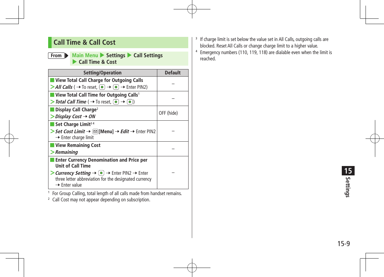 Settings15-915Call Time &amp; Call CostFrom Main Menu 4 Settings 4 Call Settings 4 Call Time &amp; CostSetting/Operation Default ■View Total Call Charge for Outgoing Calls ＞All Calls ( 7 To reset,   7   7 Enter PIN2) – ■View Total Call Time for Outgoing Calls1 ＞Total Call Time ( 7 To reset,   7  ) – ■Display Call Charge2 ＞Display Cost 7 ONOFF (hide) ■Set Charge Limit3 4 ＞Set Cost Limit 7 A[Menu] 7 Edit 7 Enter PIN2 7 Enter charge limit– ■View Remaining Cost ＞Remaining– ■Enter Currency Denomination and Price per Unit of Call Time ＞Currency Setting 7   7 Enter PIN2 7 Enter three letter abbreviation for the designated currency 7 Enter value–1   For Group Calling, total length of all calls made from handset remains.2   Call Cost may not appear depending on subscription.3   If charge limit is set below the value set in All Calls, outgoing calls are blocked. Reset All Calls or change charge limit to a higher value.4   Emergency numbers (110, 119, 118) are dialable even when the limit is reached.