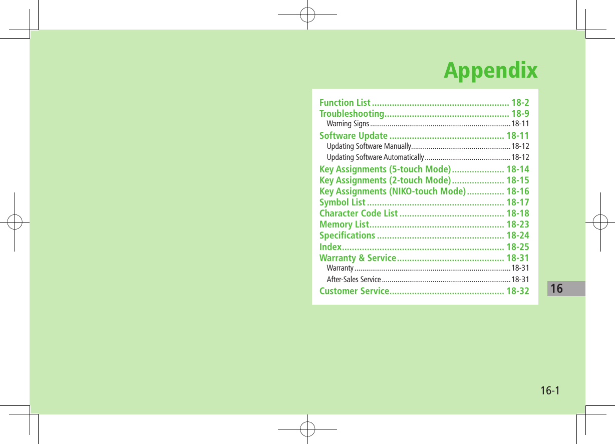 1616-1AppendixFunction List ....................................................... 18-2Troubleshooting .................................................. 18-9Warning Signs ........................................................................18-11Software Update .............................................. 18-11Updating Software Manually ...................................................18-12Updating Software Automatically ............................................18-12Key Assignments (5-touch Mode) ..................... 18-14Key Assignments (2-touch Mode) ..................... 18-15Key Assignments (NIKO-touch Mode) ............... 18-16Symbol List ....................................................... 18-17Character Code List .......................................... 18-18Memory List ...................................................... 18-23Specifications ................................................... 18-24Index ................................................................. 18-25Warranty &amp; Service ........................................... 18-31Warranty ................................................................................18-31After-Sales Service ..................................................................18-31Customer Service.............................................. 18-32