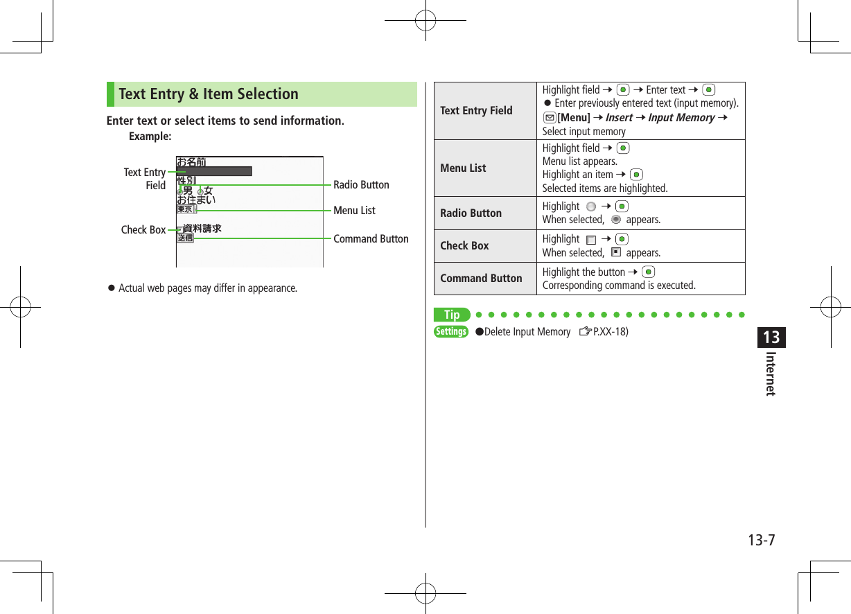 13-7Internet13Text Entry &amp; Item SelectionEnter text or select items to send information.Example: ⿟Actual web pages may differ in appearance.Text Entry FieldCheck BoxRadio ButtonMenu ListCommand ButtonText Entry FieldHighlight field 7   7 Enter text 7  ⿟Enter previously entered text (input memory).A[Menu] 7 Insert 7 Input Memory 7 Select input memoryMenu ListHighlight field 7 Menu list appears.Highlight an item 7 Selected items are highlighted.Radio Button Highlight   7 When selected,   appears.Check Box Highlight   7 When selected,   appears.Command Button Highlight the button 7 Corresponding command is executed.TipSettings   #Delete Input Memory (ZP.XX-18)
